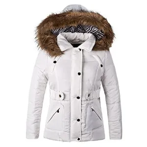 Women Winter Coat Plus Size Hooded Fur Collar Thick Padded Jacket White Large