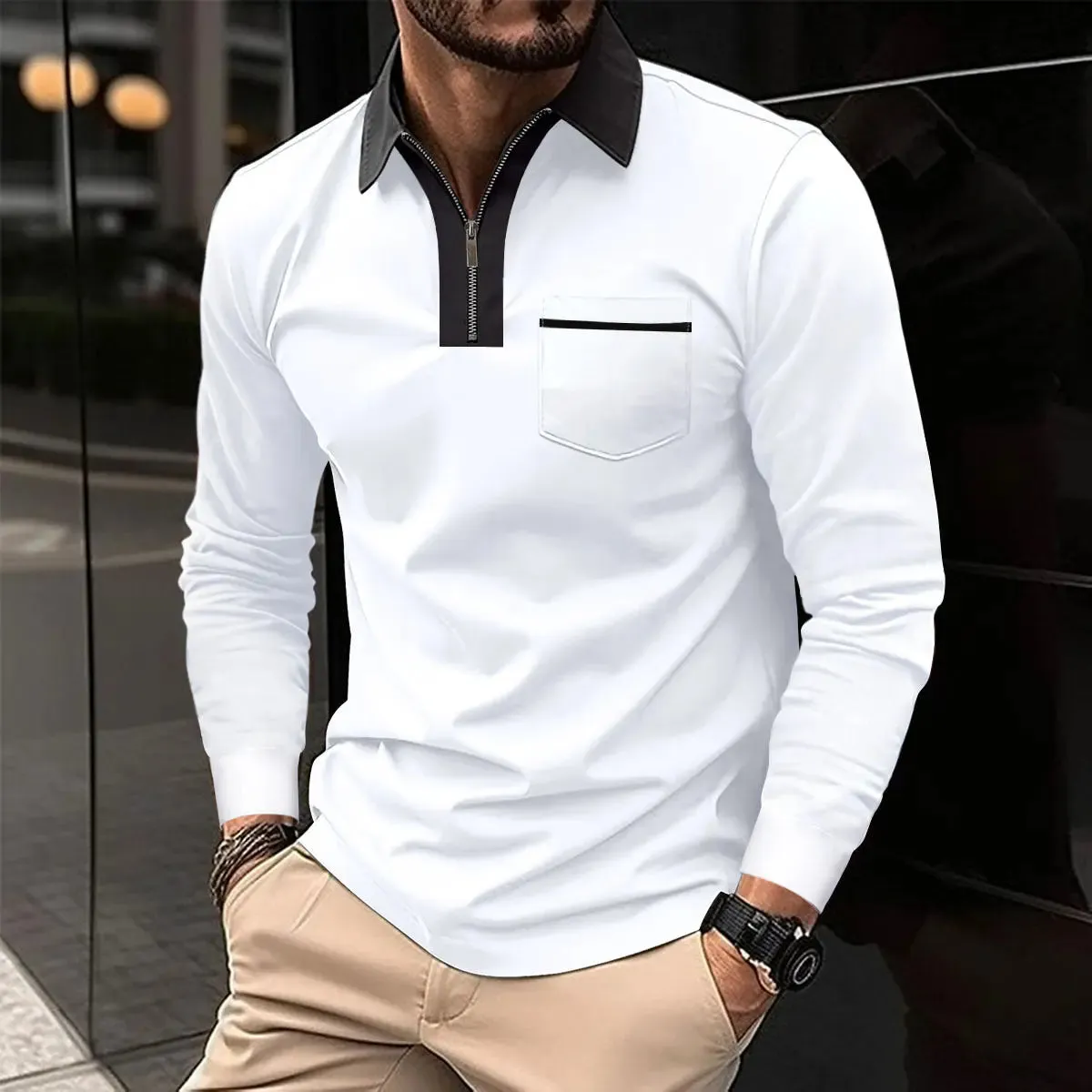 2024 Autumn Mens Long Sleeve Zipper Polo Shirts Casual Lapel Collar Zip Up Henley Shirts Cotton Sports Golf Tennis T-Shirts With Pockets