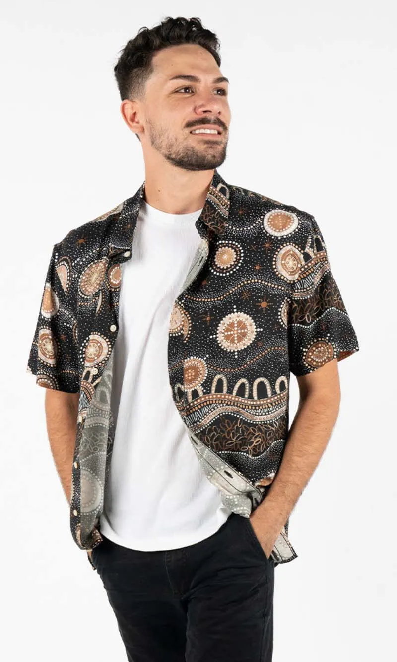 Aboriginal Art Men's Button Up Shirt Marang Ngurung (Good Night)