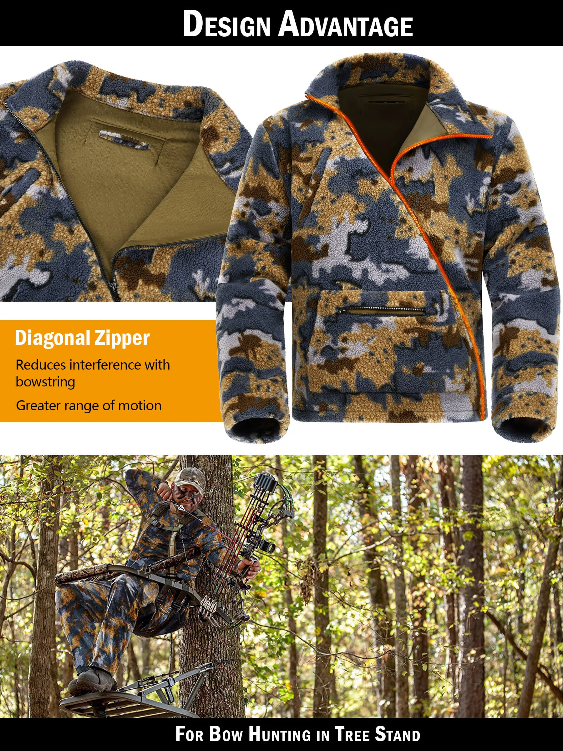 Cold Weather Wind Proof Bow Hunting Clothes for Men, Camo Hunting Jacket and Pants with Fleece