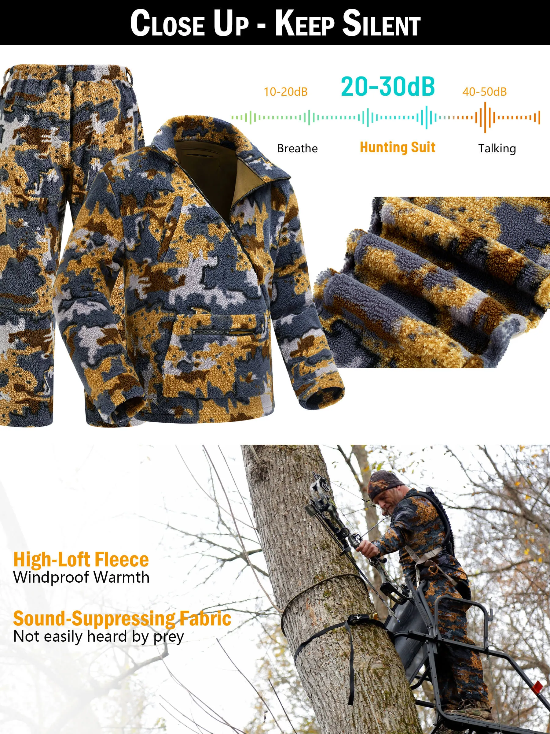 Cold Weather Wind Proof Bow Hunting Clothes for Men, Camo Hunting Jacket and Pants with Fleece