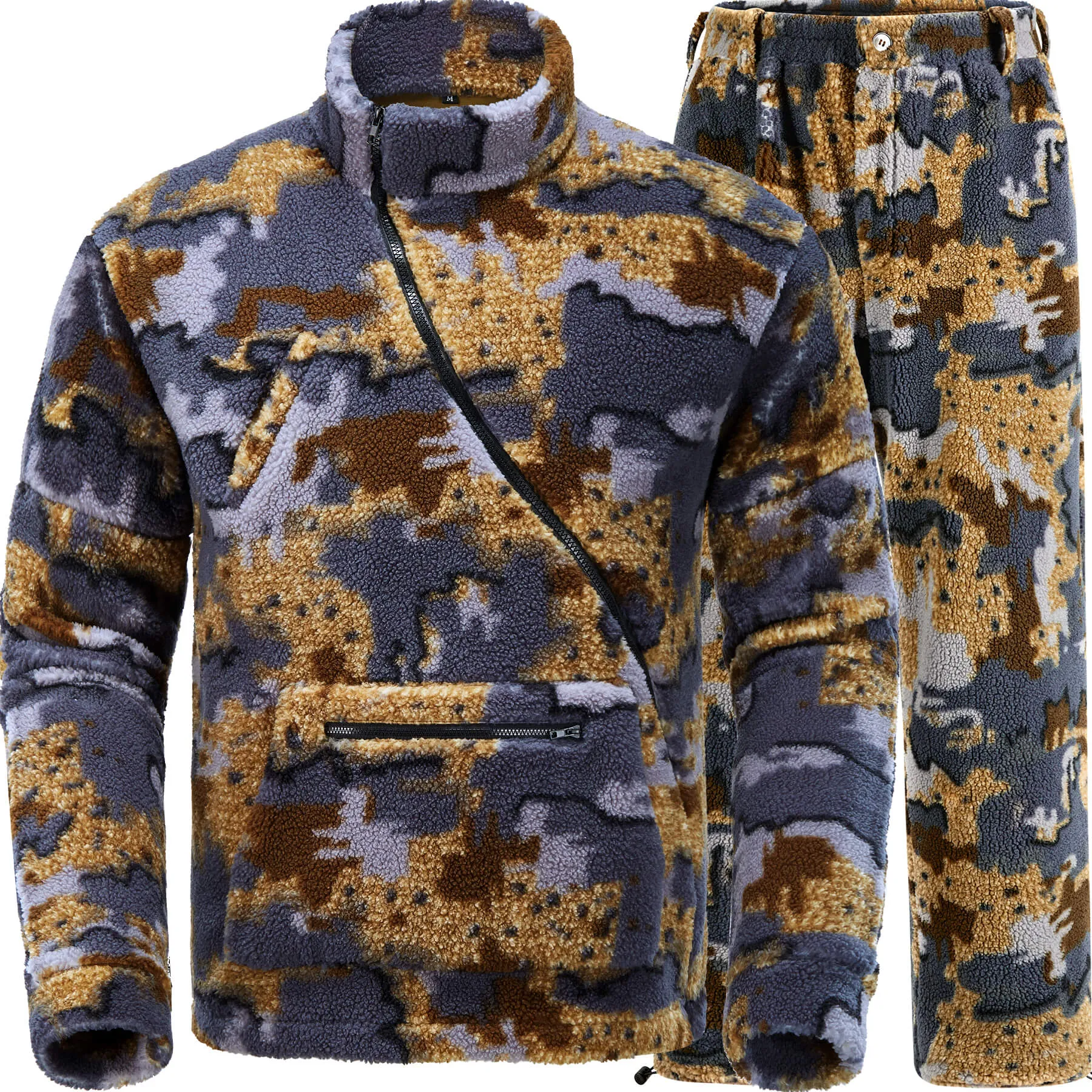 Cold Weather Wind Proof Bow Hunting Clothes for Men, Camo Hunting Jacket and Pants with Fleece