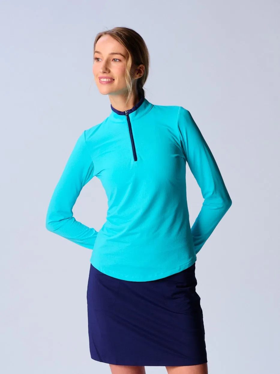 Color Block Trim Quarter Zip Long Sleeve Top In Caribbean Turquoise/Navy