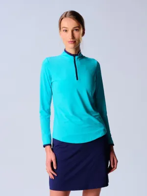 Color Block Trim Quarter Zip Long Sleeve Top In Caribbean Turquoise/Navy