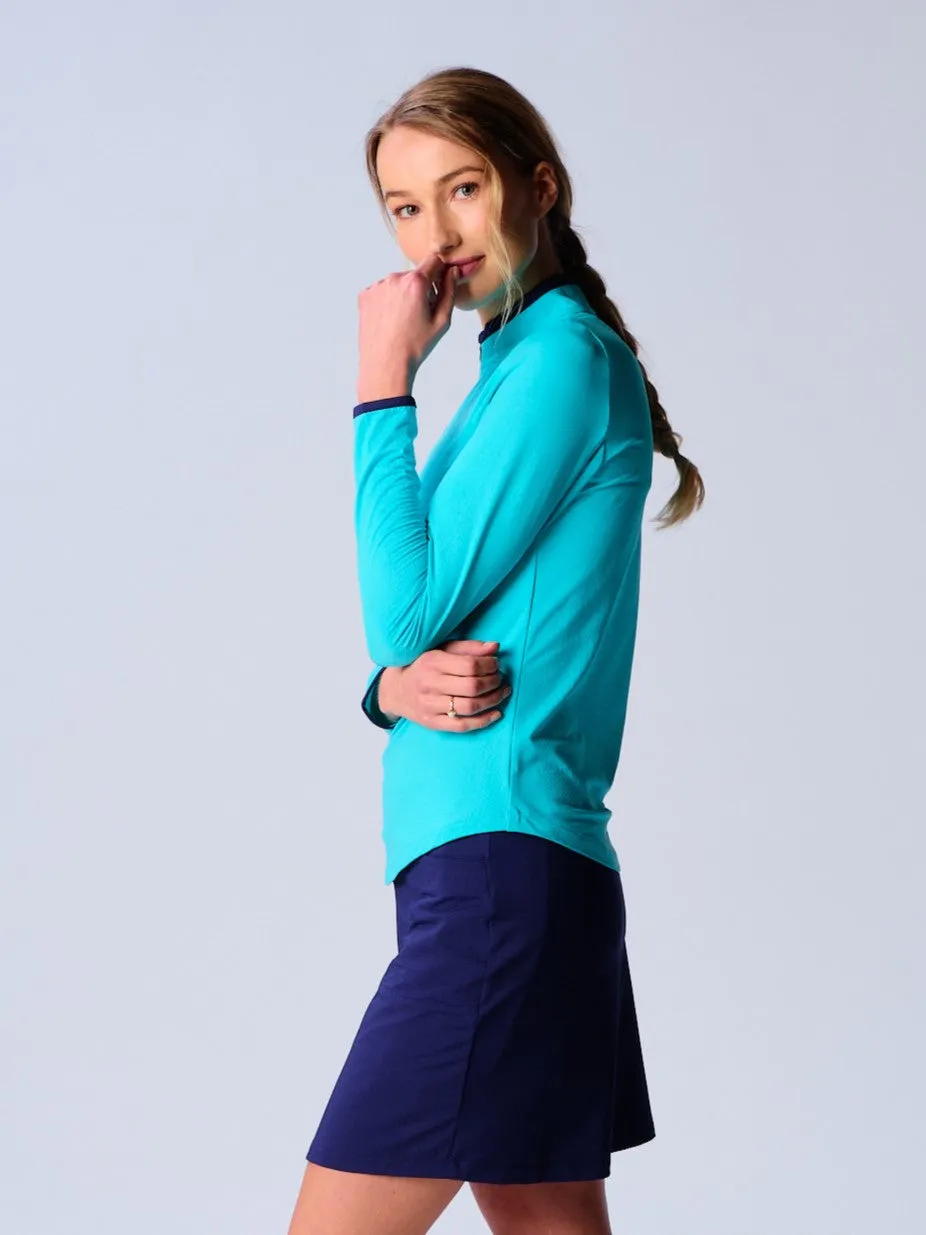 Color Block Trim Quarter Zip Long Sleeve Top In Caribbean Turquoise/Navy