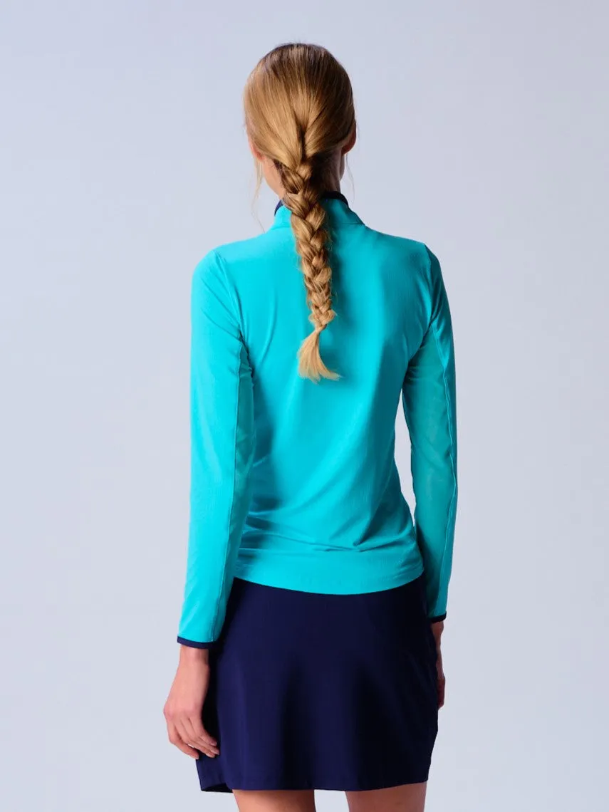 Color Block Trim Quarter Zip Long Sleeve Top In Caribbean Turquoise/Navy