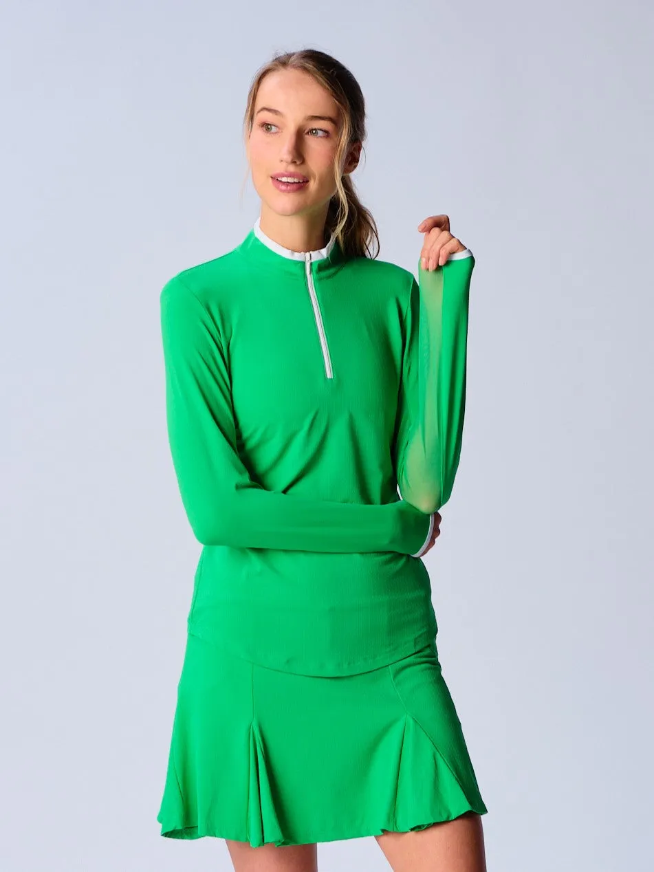 Color Block Trim Quarter Zip Long Sleeve Top In Kelly Green