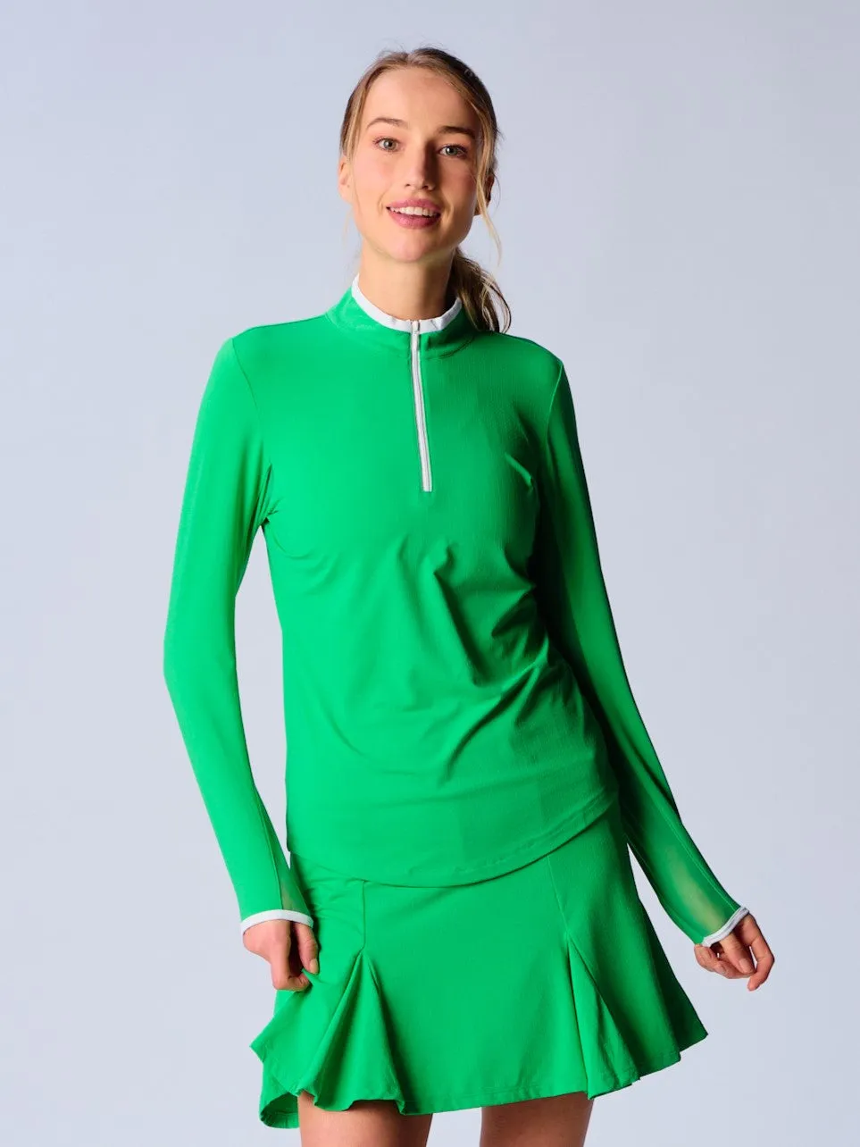 Color Block Trim Quarter Zip Long Sleeve Top In Kelly Green