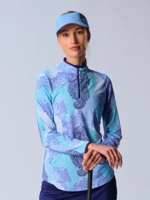 Color Block Trim Quarter Zip Long Sleeve Top In Paisley Blue