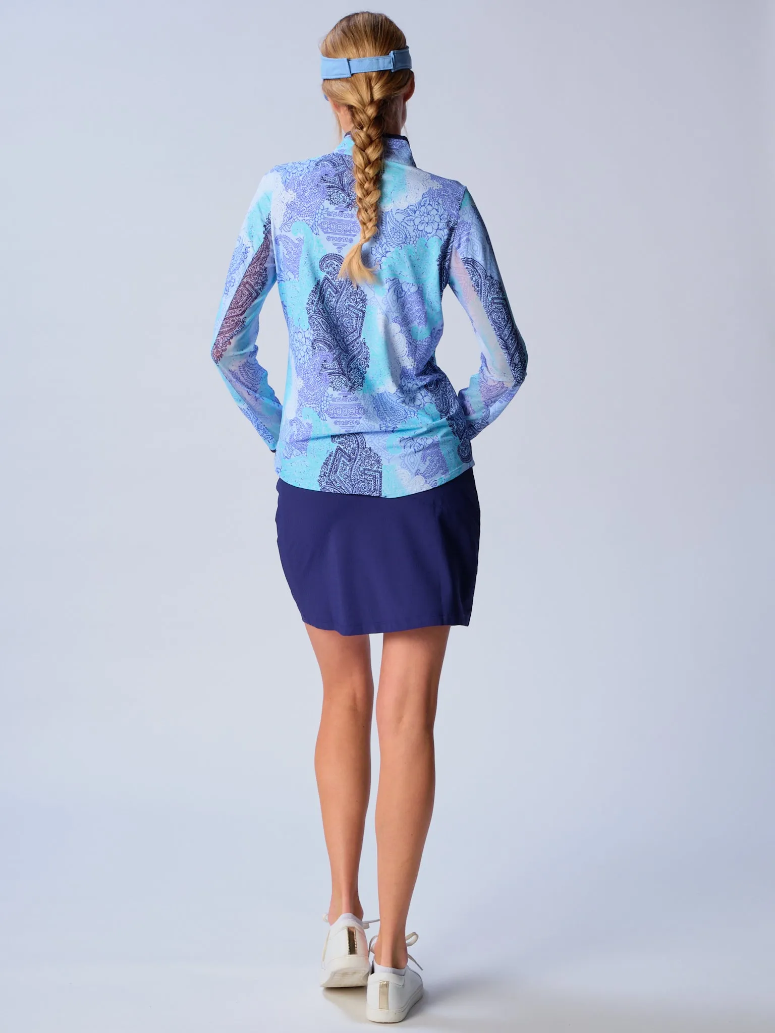 Color Block Trim Quarter Zip Long Sleeve Top In Paisley Blue