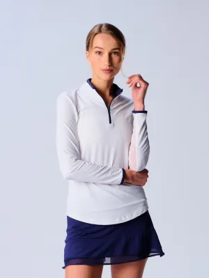 Color Block Trim Quarter Zip Long Sleeve Top in White/True Navy