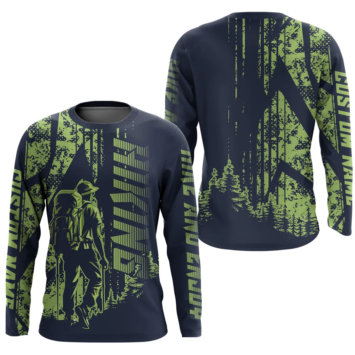 Custom Name Hiking Green Grunge 3D Long Sleeve Shirt, Idea Shirt for Hiker