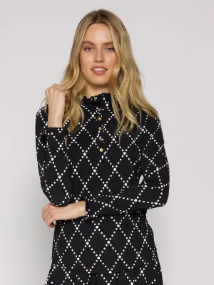 Long Sleeve Ruffle Collar Top With Gold Buttons in Diamond Geo Black