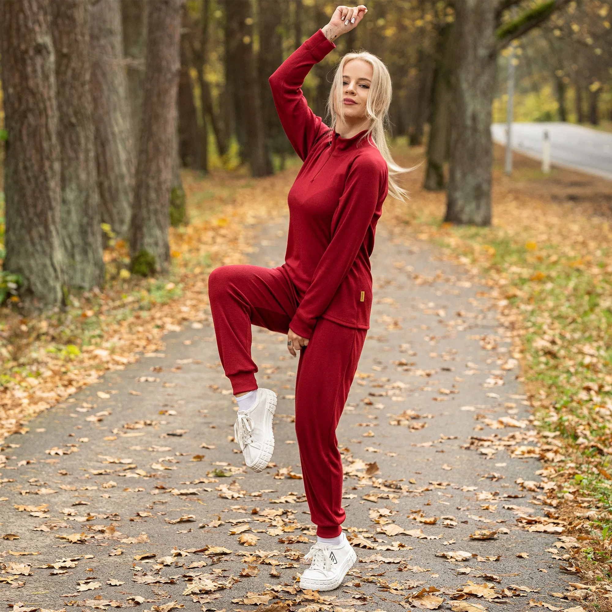 MENIQUE 100% Merino Wool Womens Zip Neck Top Royal Cherry