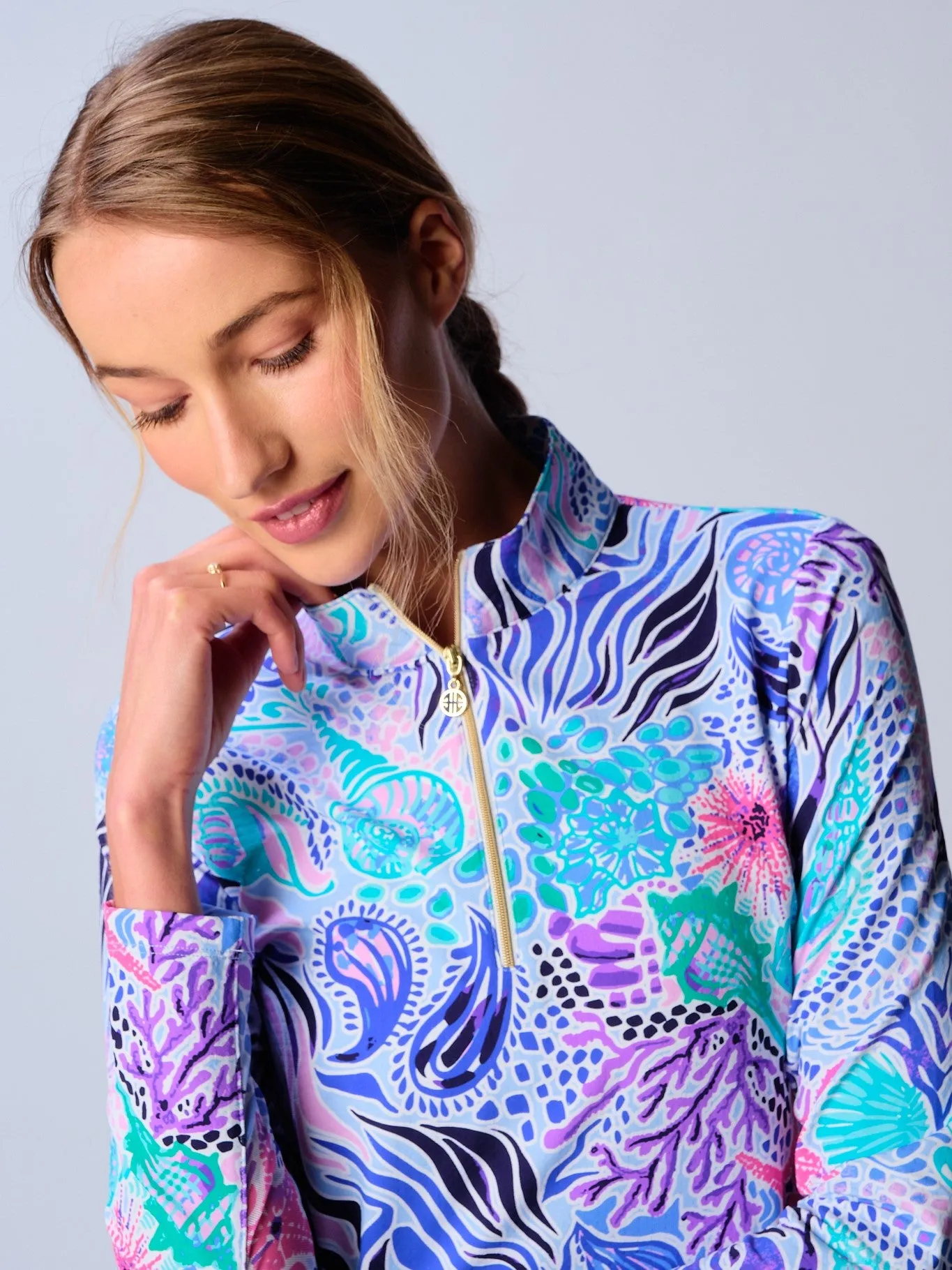 Quarter Zip Sun Protection Top In Blue Sea Wave