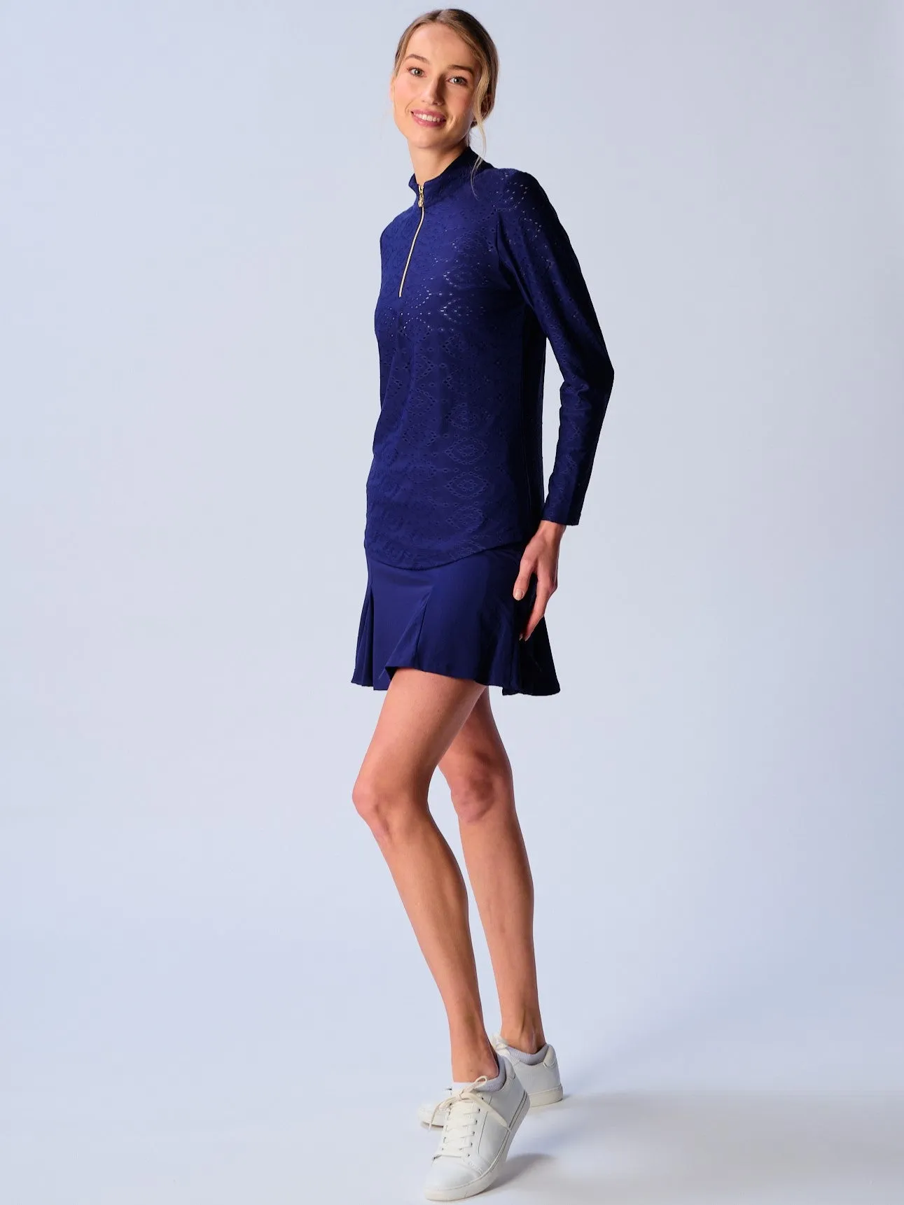 Quarter Zip Sun Protection Top In Navy Eyelet