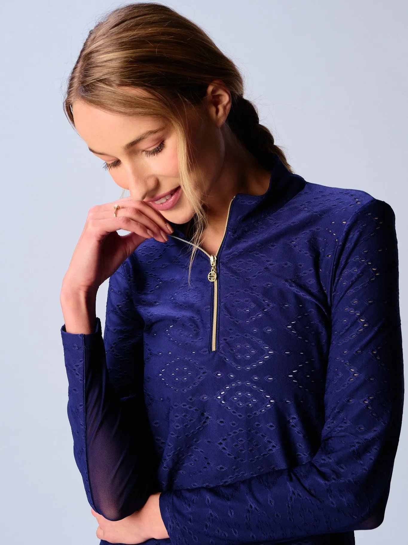 Quarter Zip Sun Protection Top In Navy Eyelet