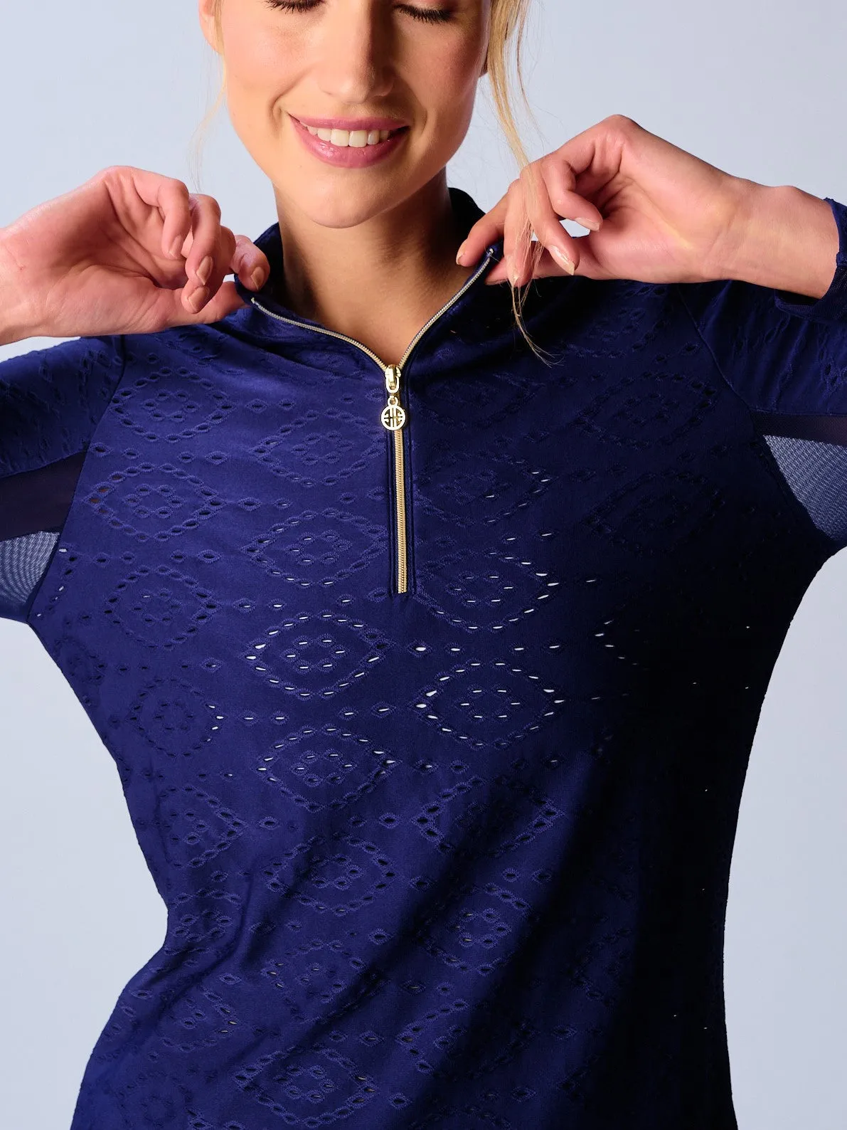 Quarter Zip Sun Protection Top In Navy Eyelet