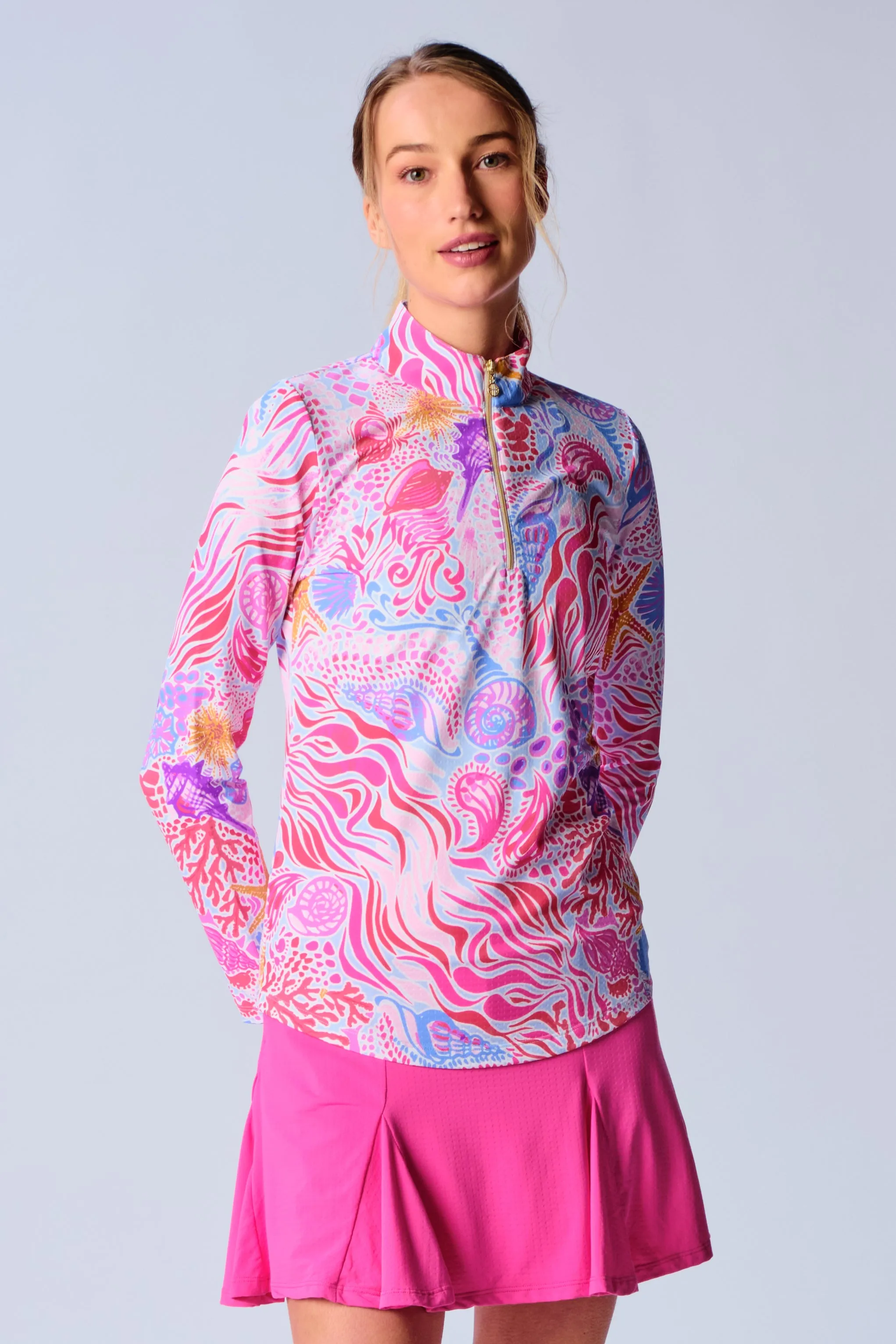 Quarter Zip Sun Protection Top In Pink Sea Wave