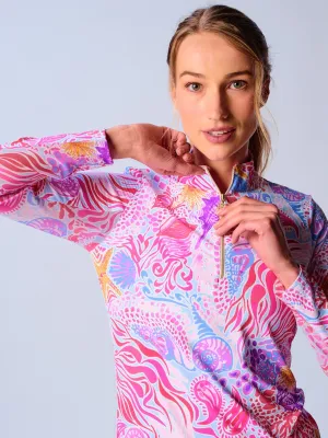 Quarter Zip Sun Protection Top In Pink Sea Wave