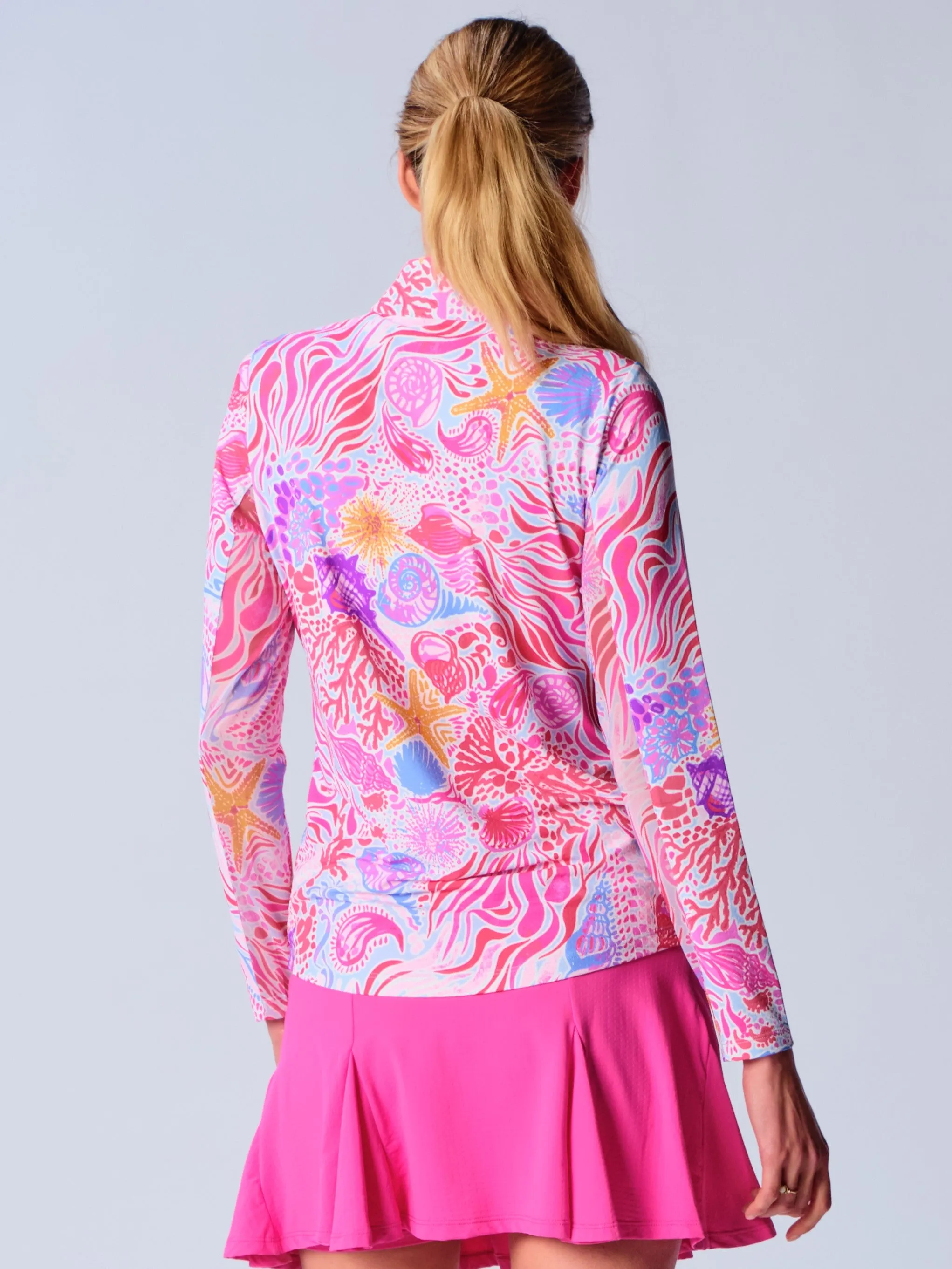 Quarter Zip Sun Protection Top In Pink Sea Wave