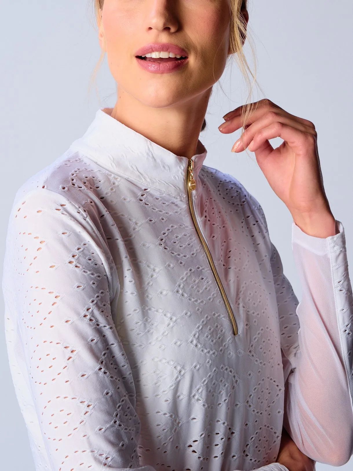 Quarter Zip Sun Protection Top In White Eyelet