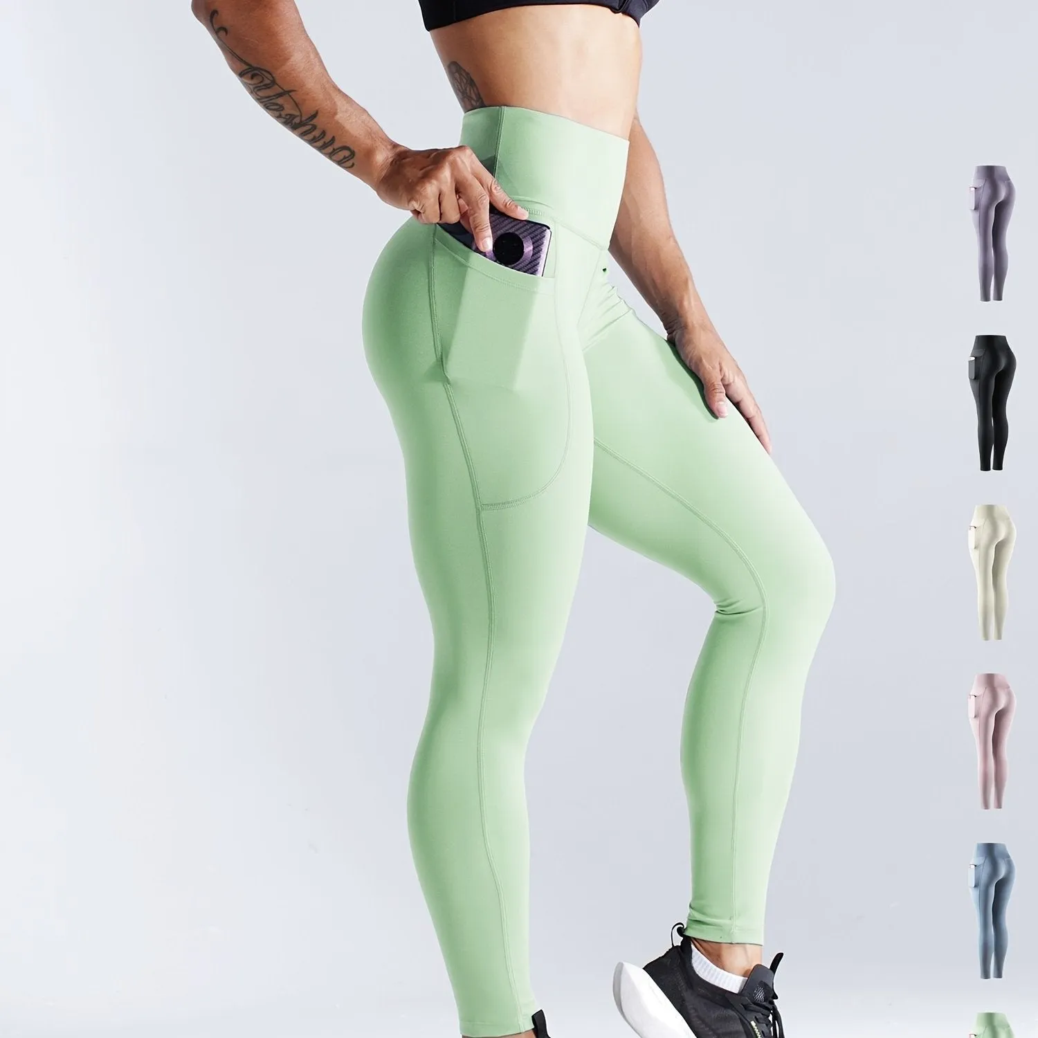 Solid Side Pockets Running Cropped Pants High Waist Fashion Butt-lifting Yoga Fitness Workout Breathable Sports Leggings