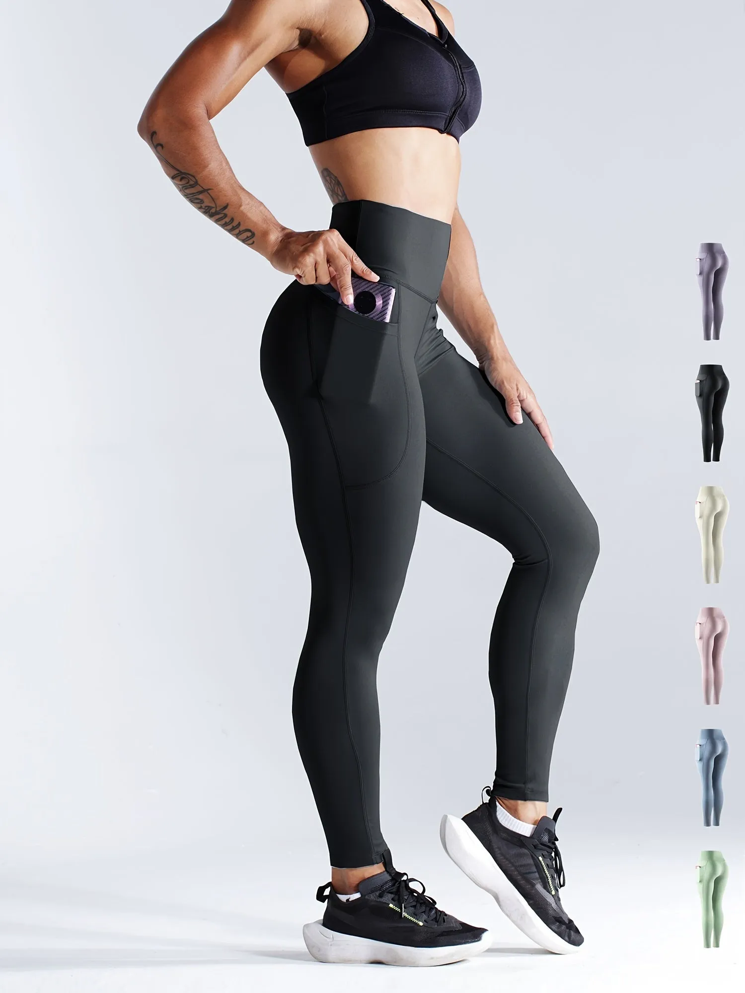 Solid Side Pockets Running Cropped Pants High Waist Fashion Butt-lifting Yoga Fitness Workout Breathable Sports Leggings