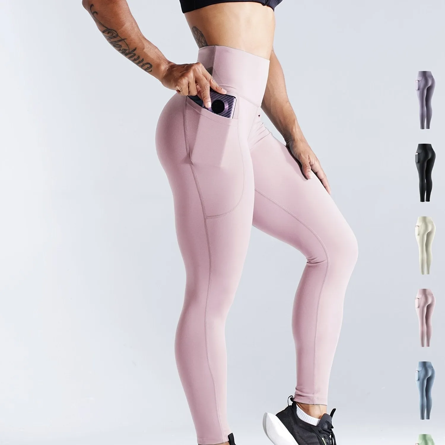 Solid Side Pockets Running Cropped Pants High Waist Fashion Butt-lifting Yoga Fitness Workout Breathable Sports Leggings