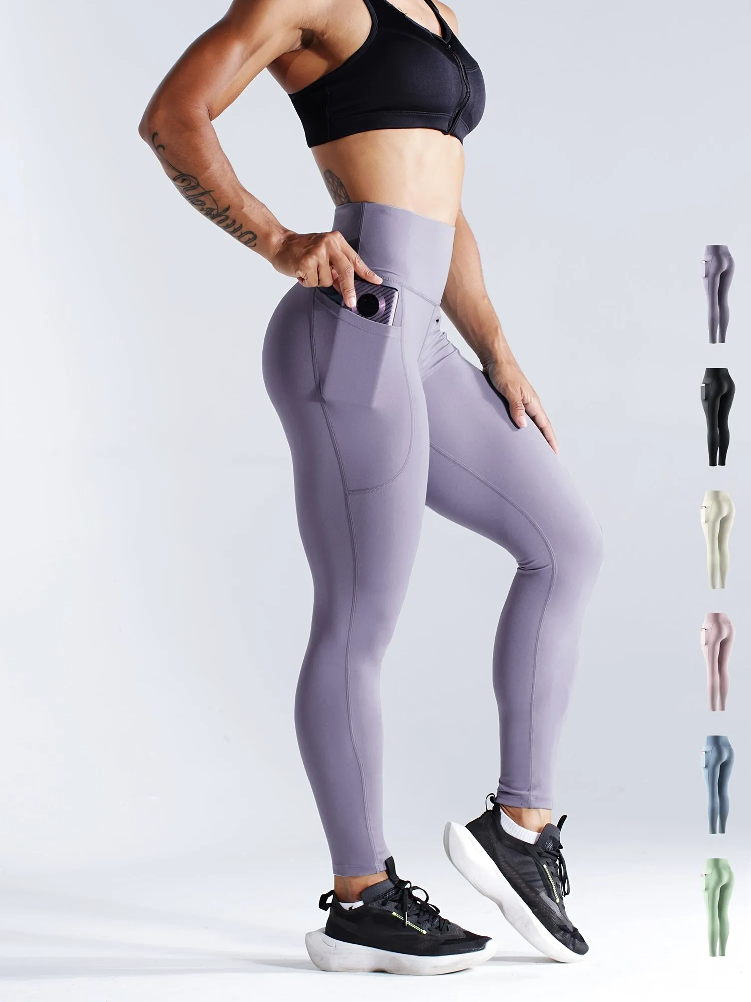 Solid Side Pockets Running Cropped Pants High Waist Fashion Butt-lifting Yoga Fitness Workout Breathable Sports Leggings