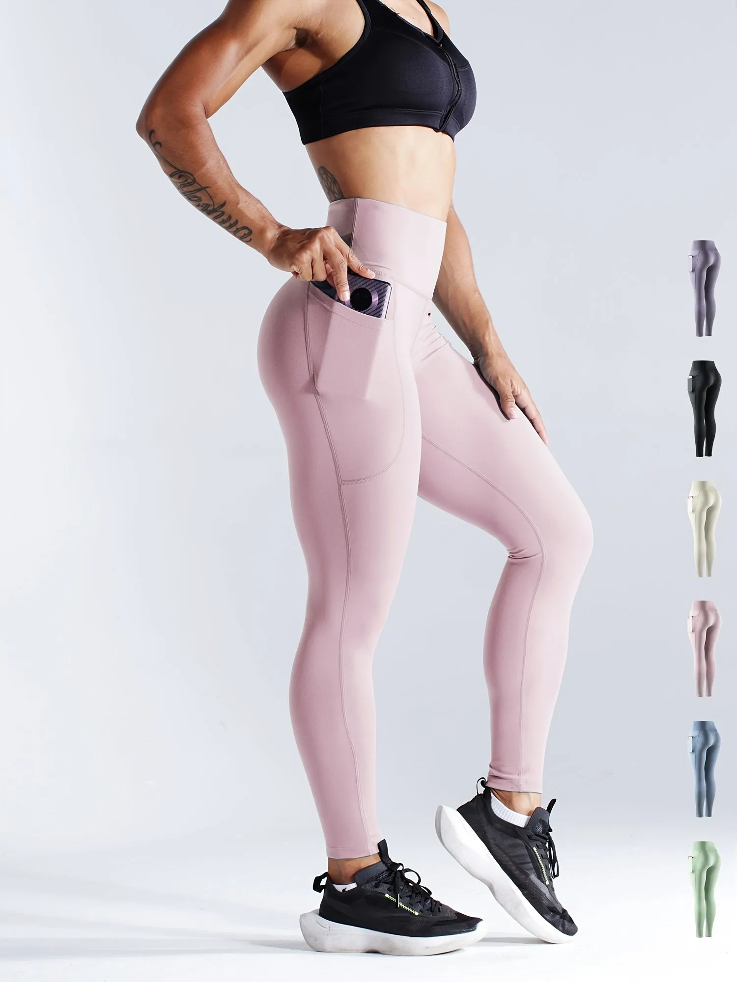 Solid Side Pockets Running Cropped Pants High Waist Fashion Butt-lifting Yoga Fitness Workout Breathable Sports Leggings