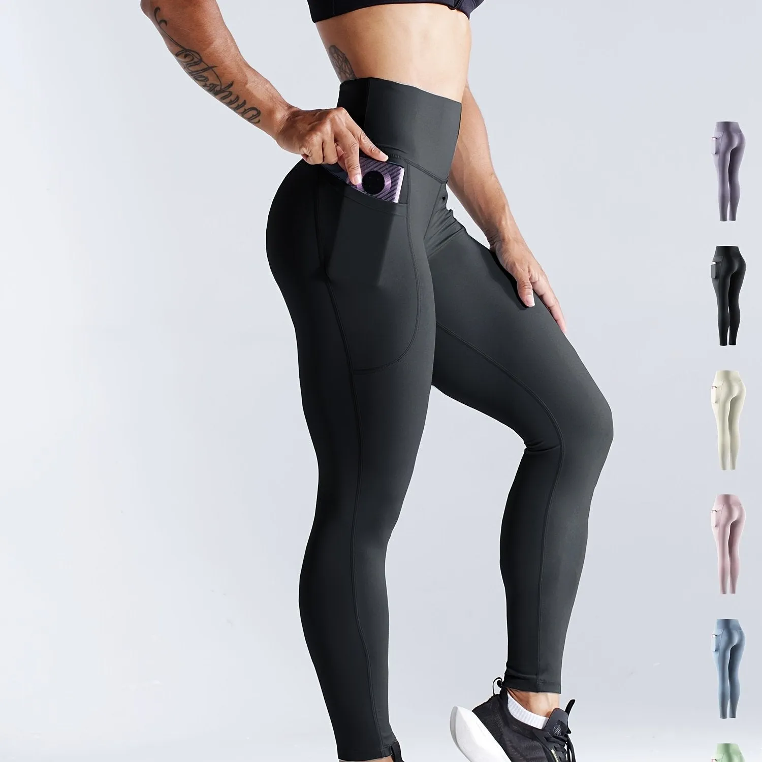 Solid Side Pockets Running Cropped Pants High Waist Fashion Butt-lifting Yoga Fitness Workout Breathable Sports Leggings