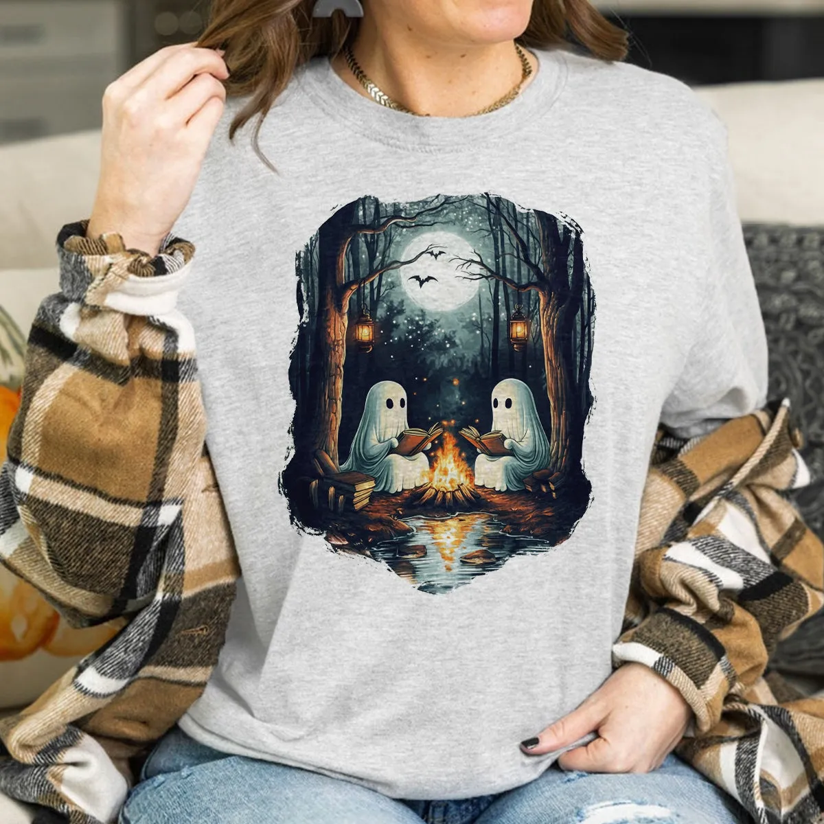 Teesdily | Camping Halloween Ghost Reading Book Shirt, Halloween Costume, Spooky Season Sweatshirt, Ghost Camping Hoodie Mug, Women Fall Gifts