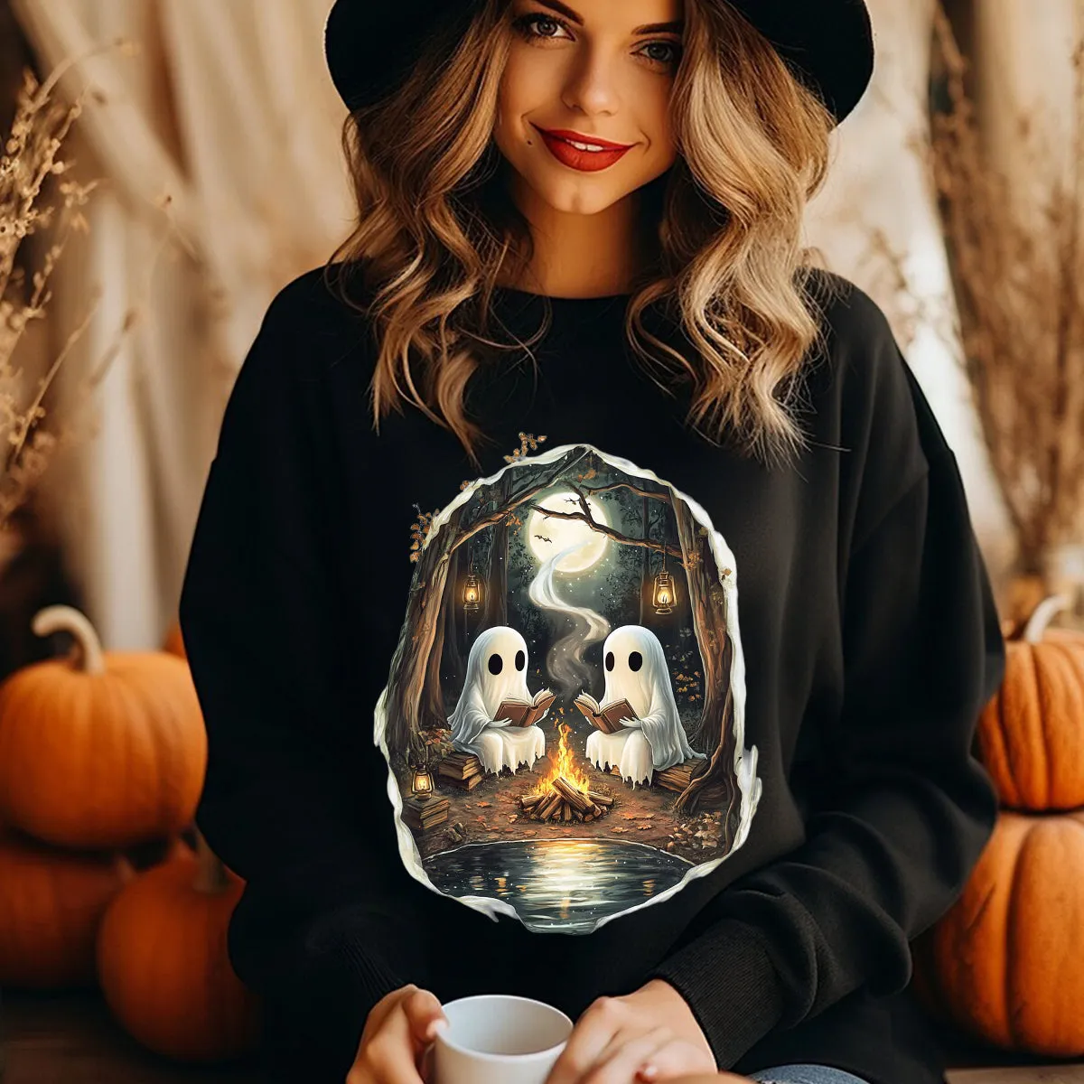 Teesdily | Camping Halloween Ghost Shirt, Halloween Ghost Reading Book Hoodie, Spooky Season Camping Fire Hoodie Mug, Women Fall Tee, Halloween Gift