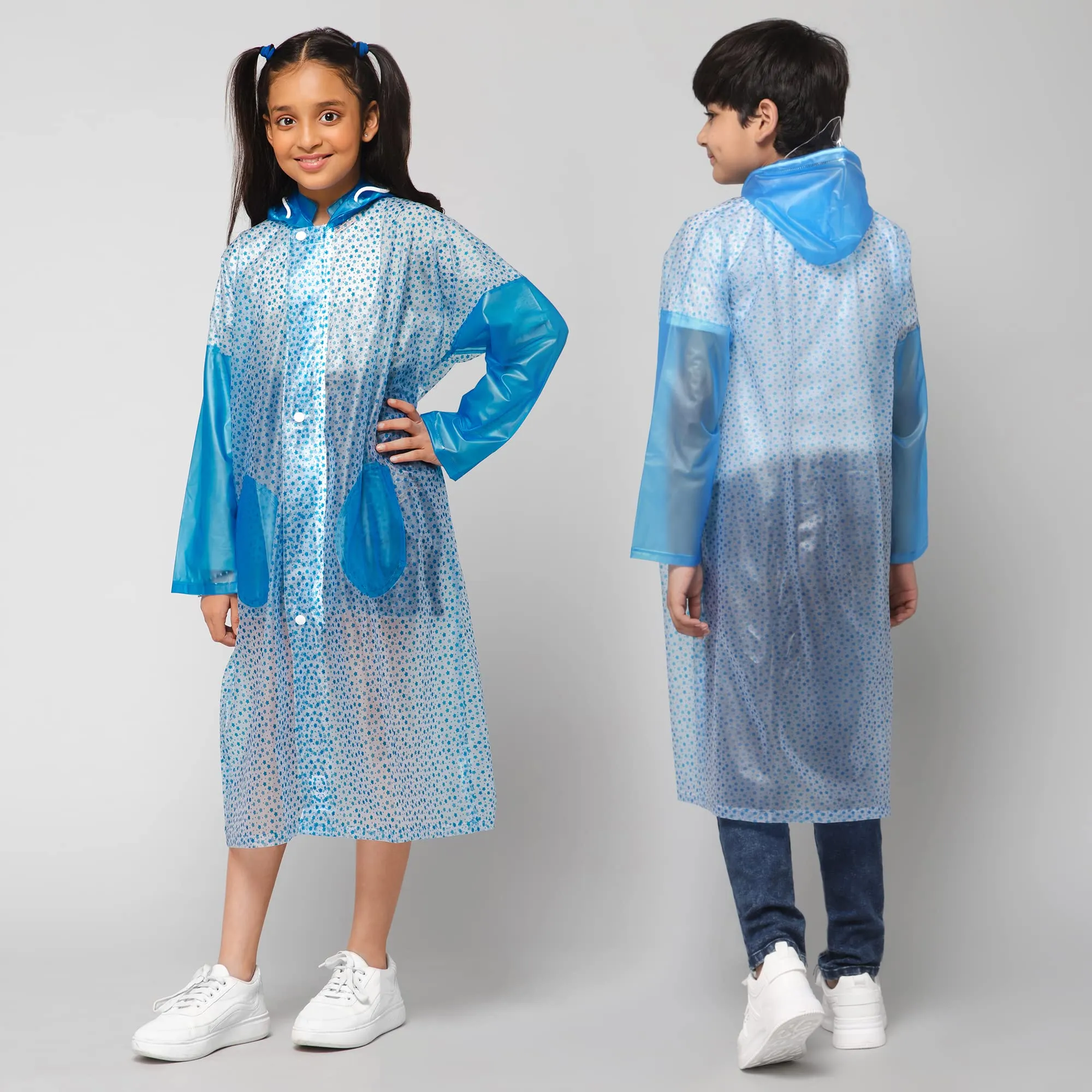 THE CLOWNFISH Drench Dew Series Unisex Kids Waterproof Single Layer PVC Longcoat/Raincoat with Adjustable Hood. Age-5-6 Years (Sky Blue)