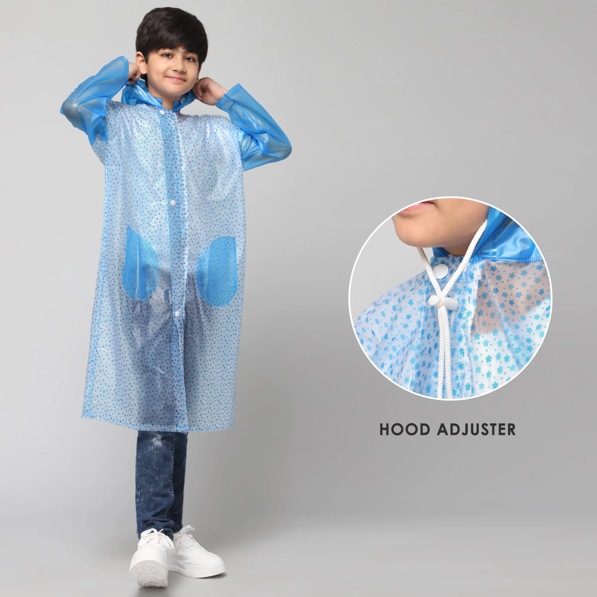 THE CLOWNFISH Drench Dew Series Unisex Kids Waterproof Single Layer PVC Longcoat/Raincoat with Adjustable Hood. Age-6-7 Years (Sky Blue)