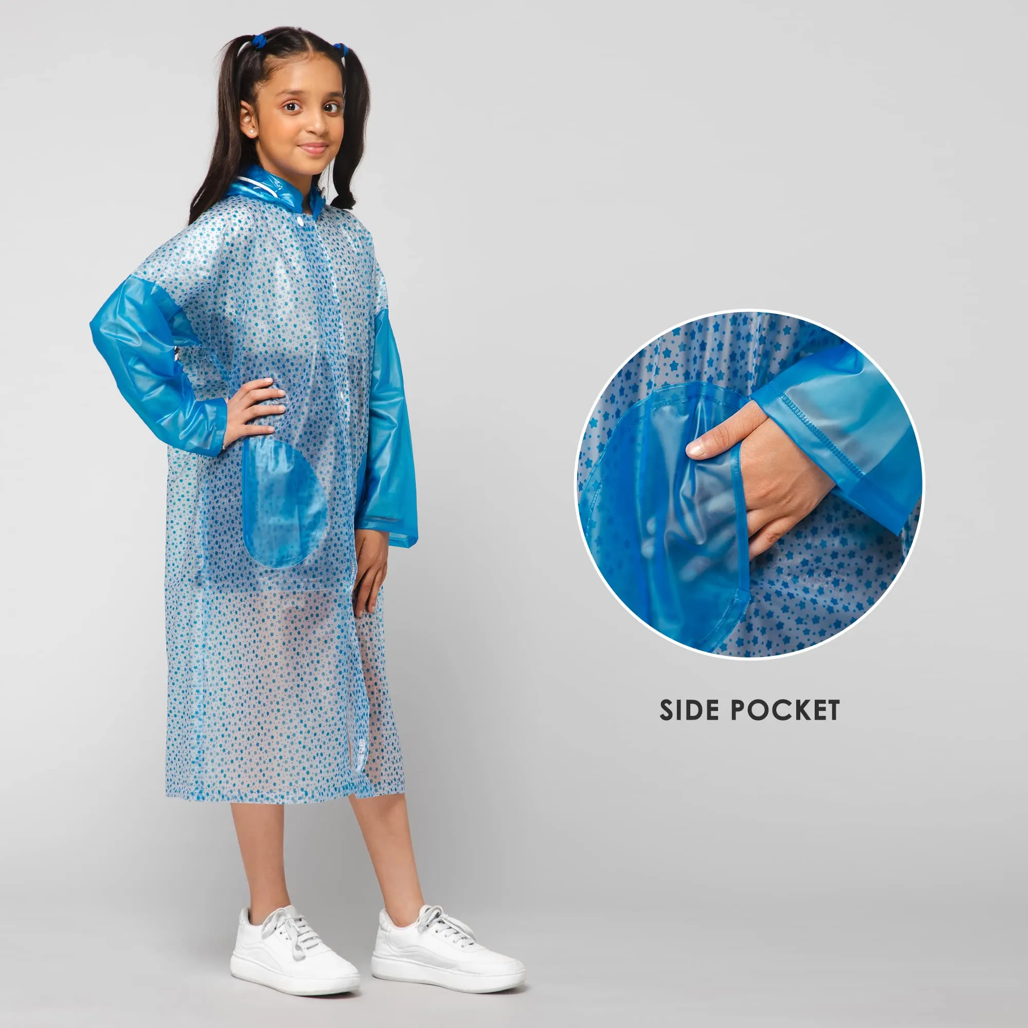 THE CLOWNFISH Drench Dew Series Unisex Kids Waterproof Single Layer PVC Longcoat/Raincoat with Adjustable Hood. Age-6-7 Years (Sky Blue)