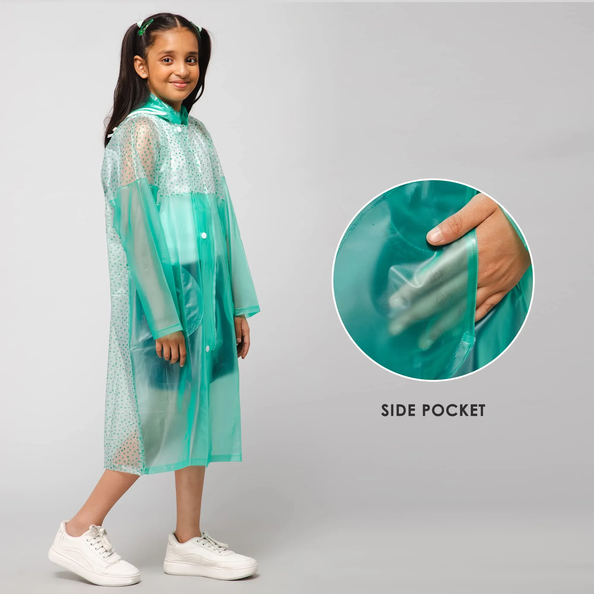 THE CLOWNFISH Drip Dude Series Unisex Kids Waterproof Single Layer PVC Longcoat/Raincoat with Adjustable Hood. Age-4-5 Years (Aqua Green)