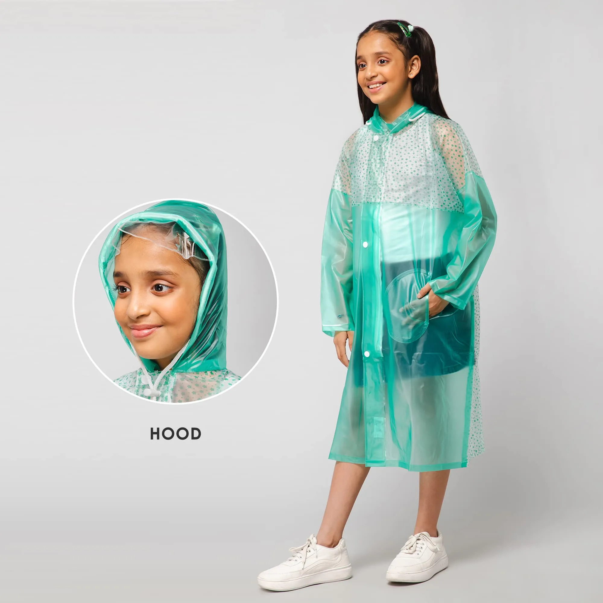 THE CLOWNFISH Drip Dude Series Unisex Kids Waterproof Single Layer PVC Longcoat/Raincoat with Adjustable Hood. Age-4-5 Years (Aqua Green)