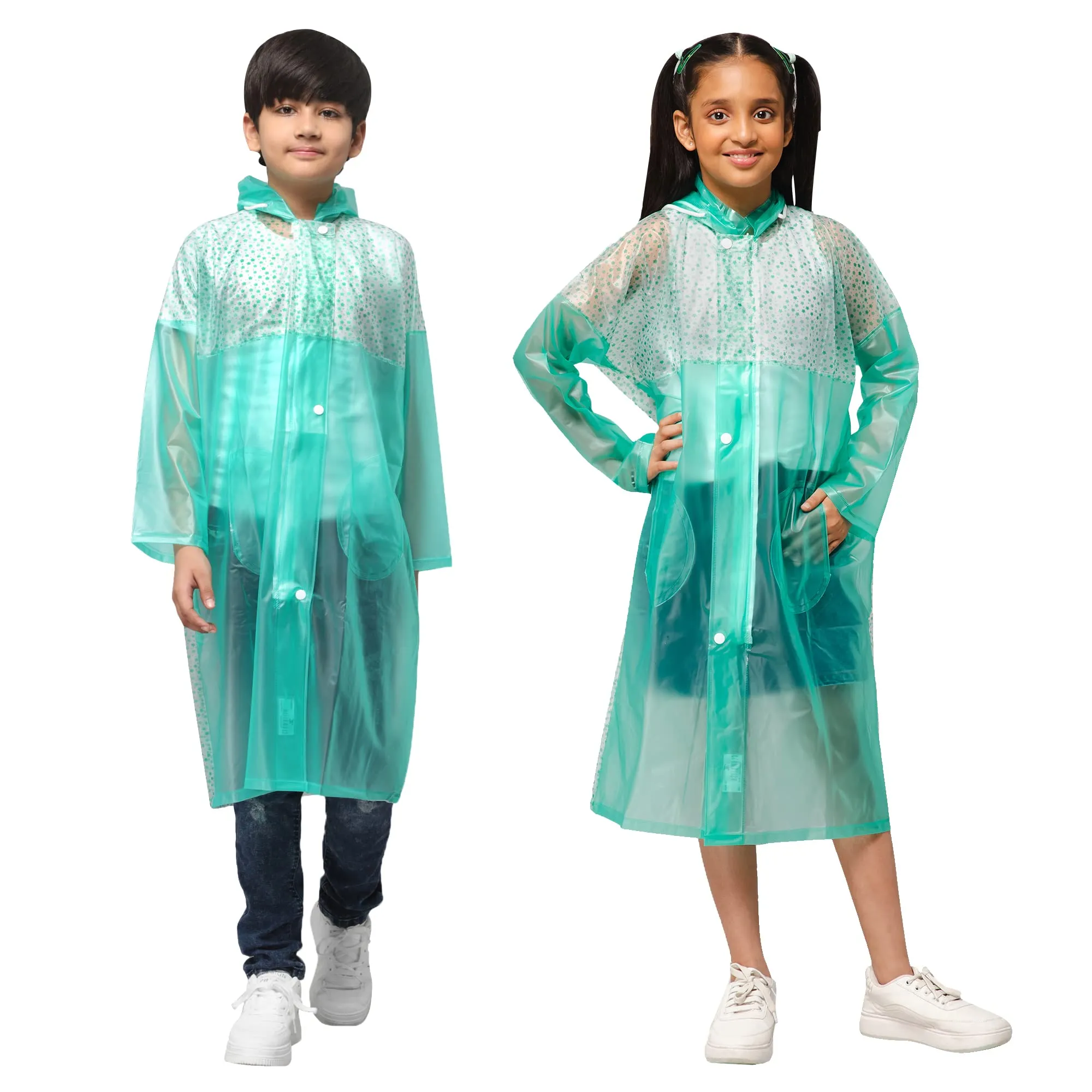 THE CLOWNFISH Drip Dude Series Unisex Kids Waterproof Single Layer PVC Longcoat/Raincoat with Adjustable Hood. Age-4-5 Years (Aqua Green)