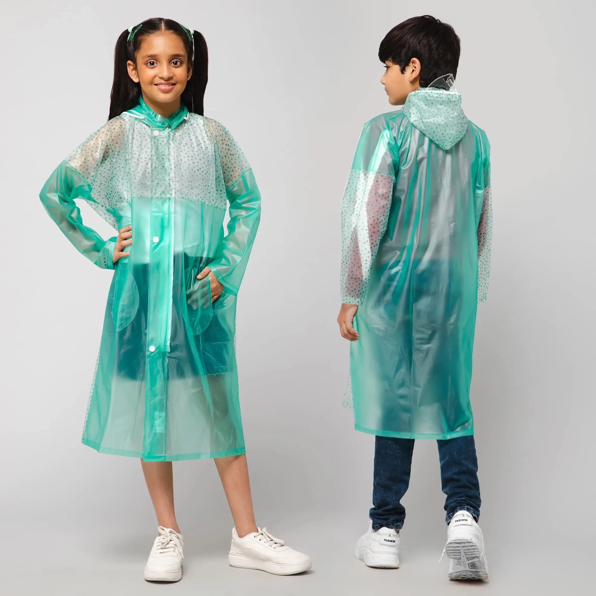 THE CLOWNFISH Drip Dude Series Unisex Kids Waterproof Single Layer PVC Longcoat/Raincoat with Adjustable Hood. Age-4-5 Years (Aqua Green)