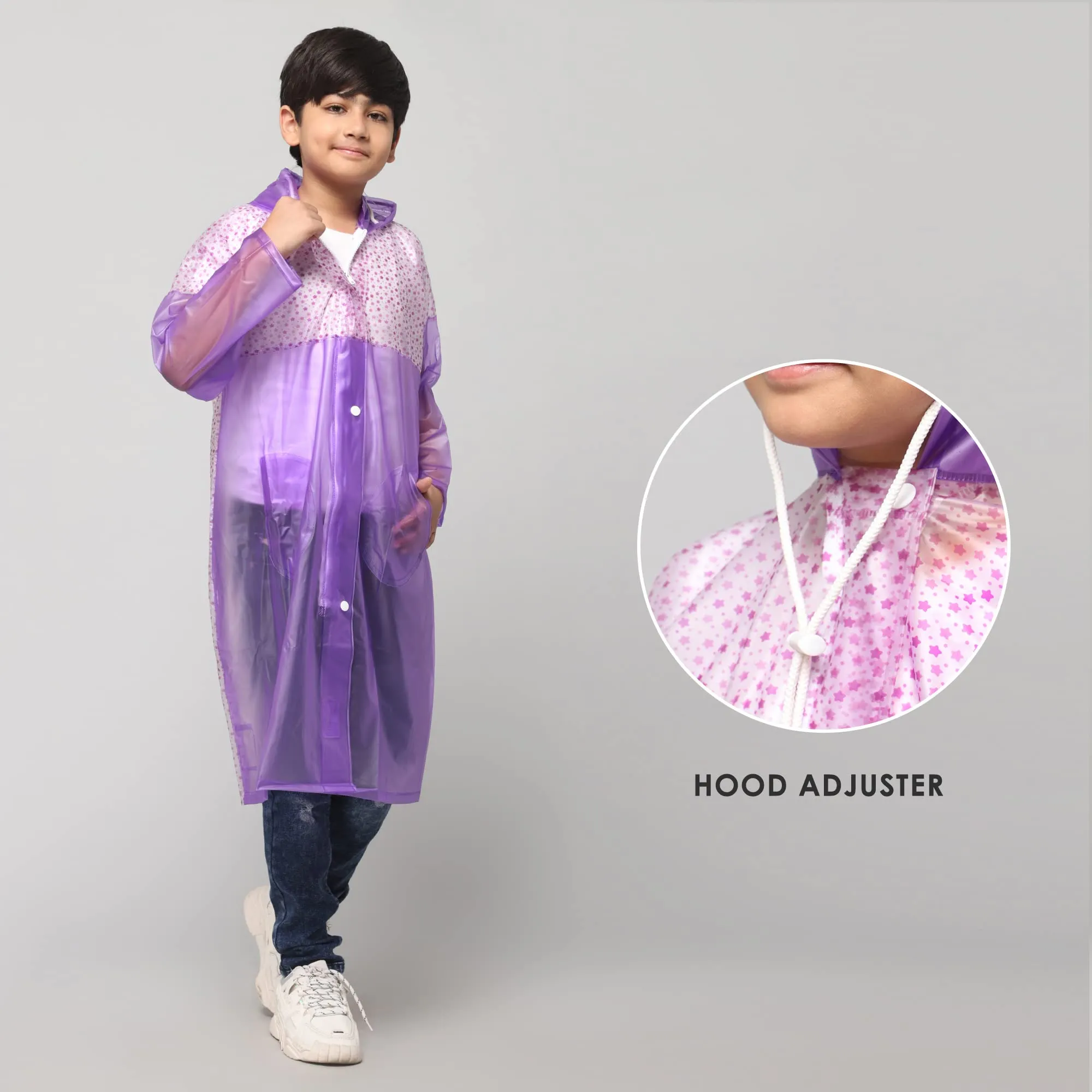 THE CLOWNFISH Drip Dude Series Unisex Kids Waterproof Single Layer PVC Longcoat/Raincoat with Adjustable Hood. Age-4-5 Years (Purple)