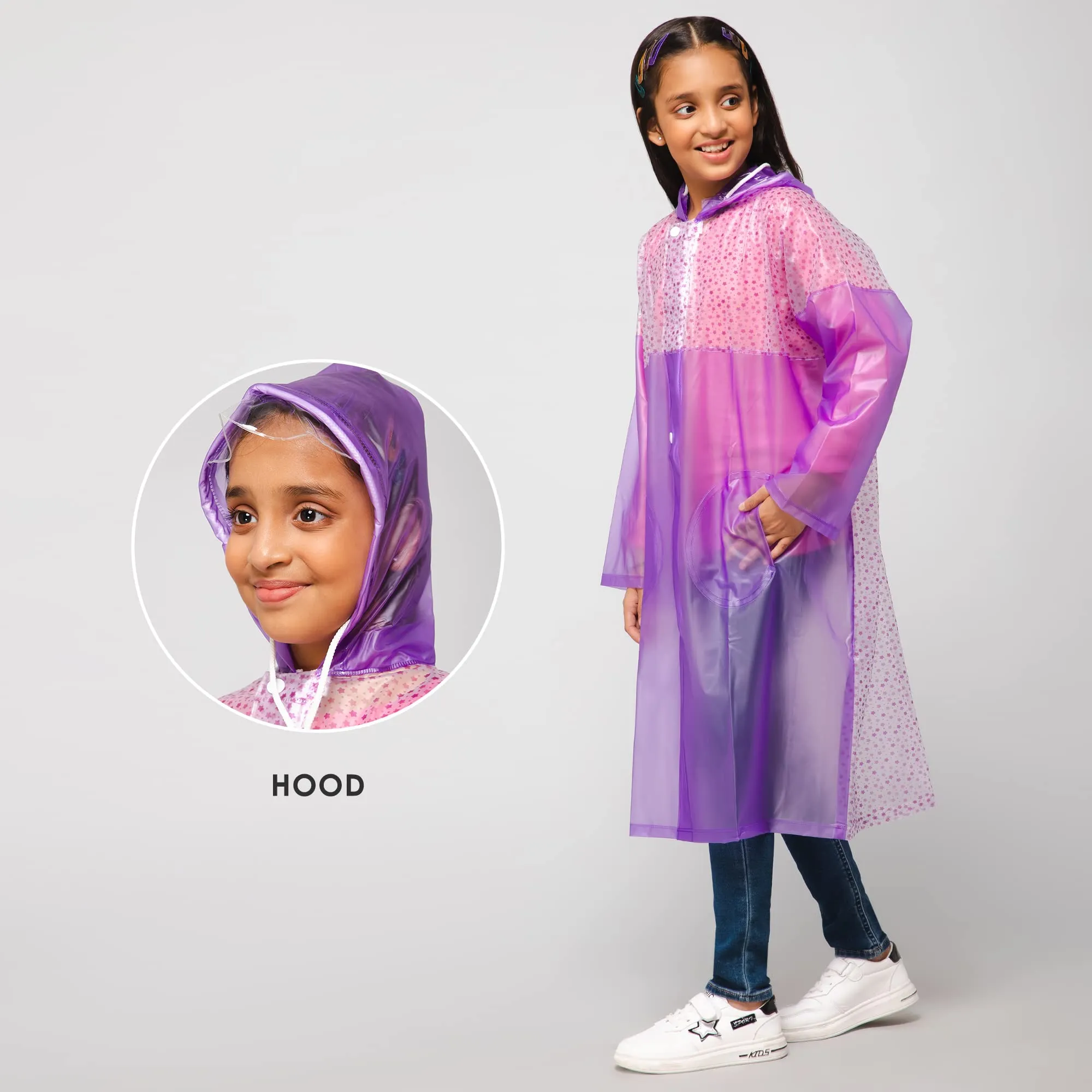 THE CLOWNFISH Drip Dude Series Unisex Kids Waterproof Single Layer PVC Longcoat/Raincoat with Adjustable Hood. Age-4-5 Years (Purple)