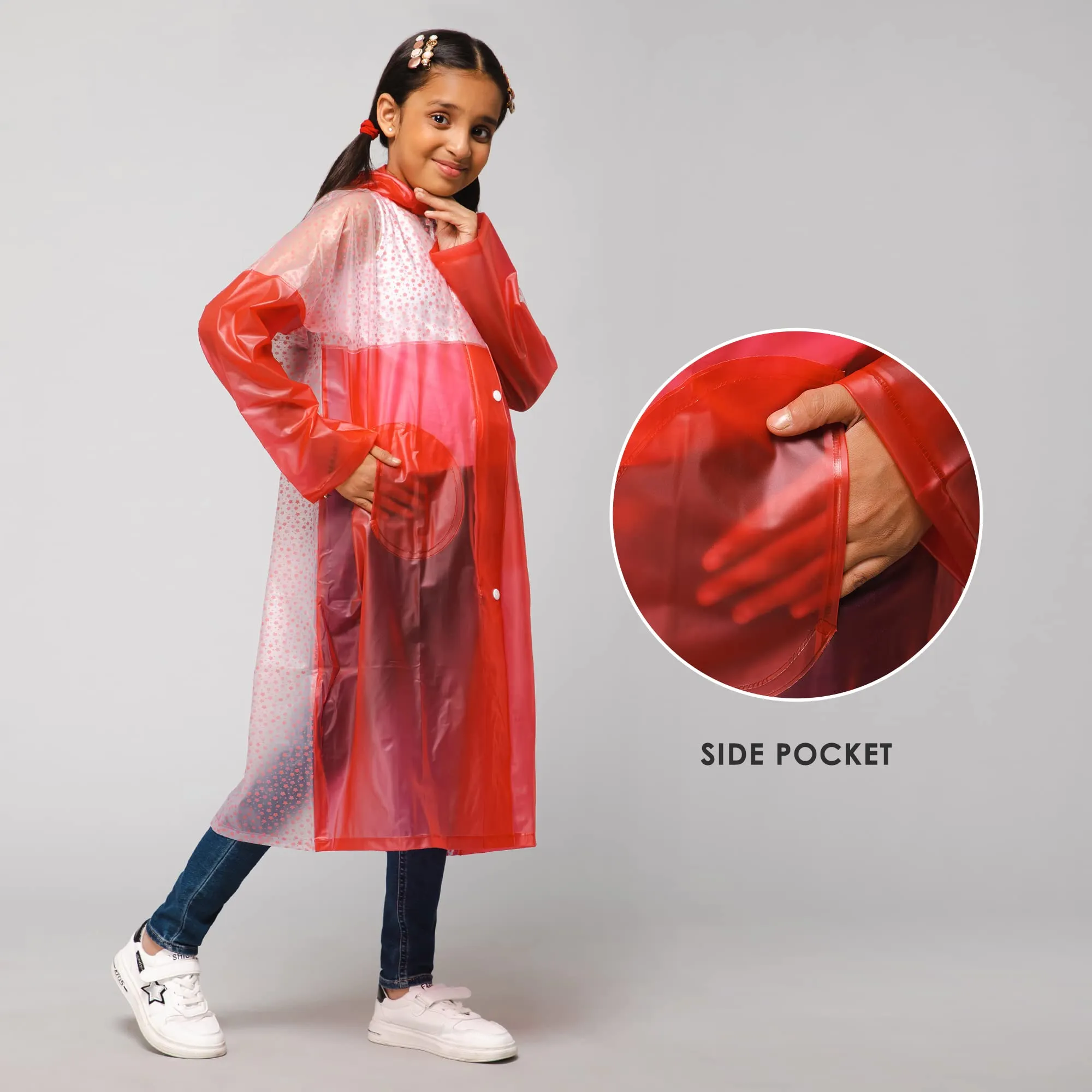 THE CLOWNFISH Drip Dude Series Unisex Kids Waterproof Single Layer PVC Longcoat/Raincoat with Adjustable Hood. Age-4-5 Years (Rose Red)