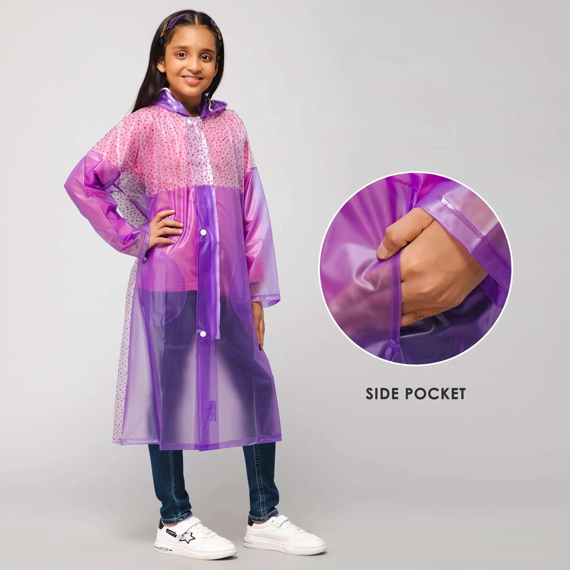 THE CLOWNFISH Drip Dude Series Unisex Kids Waterproof Single Layer PVC Longcoat/Raincoat with Adjustable Hood. Age-5-6 Years (Purple)