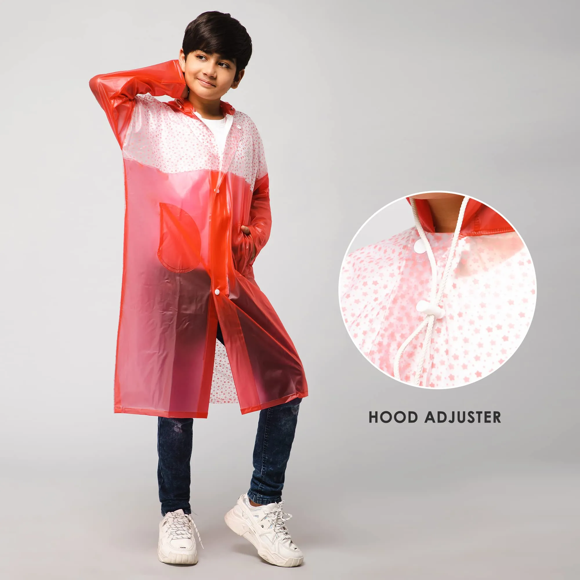 THE CLOWNFISH Drip Dude Series Unisex Kids Waterproof Single Layer PVC Longcoat/Raincoat with Adjustable Hood. Age-5-6 Years (Rose Red)