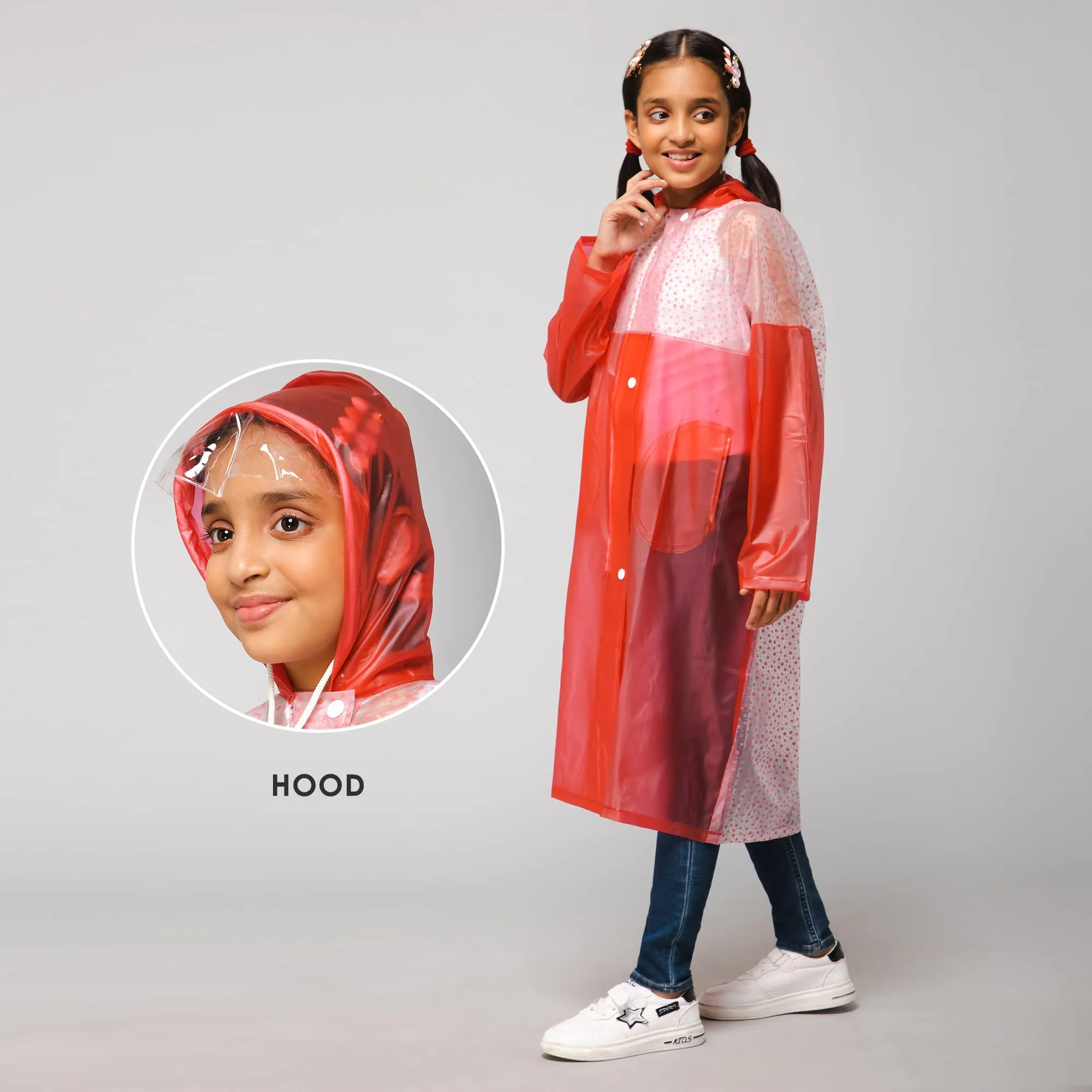 THE CLOWNFISH Drip Dude Series Unisex Kids Waterproof Single Layer PVC Longcoat/Raincoat with Adjustable Hood. Age-6-7 Years (Rose Red)