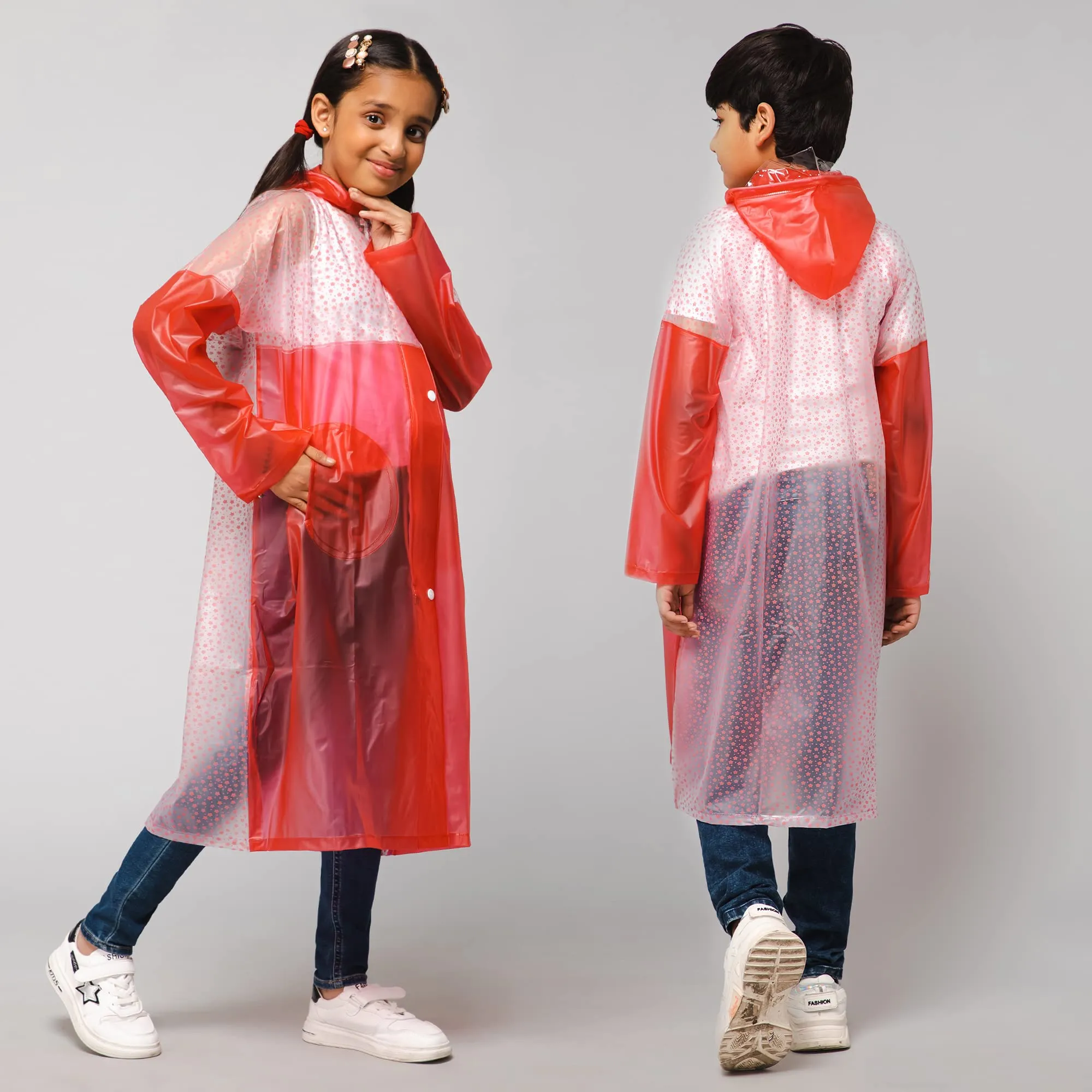 THE CLOWNFISH Drip Dude Series Unisex Kids Waterproof Single Layer PVC Longcoat/Raincoat with Adjustable Hood. Age-6-7 Years (Rose Red)