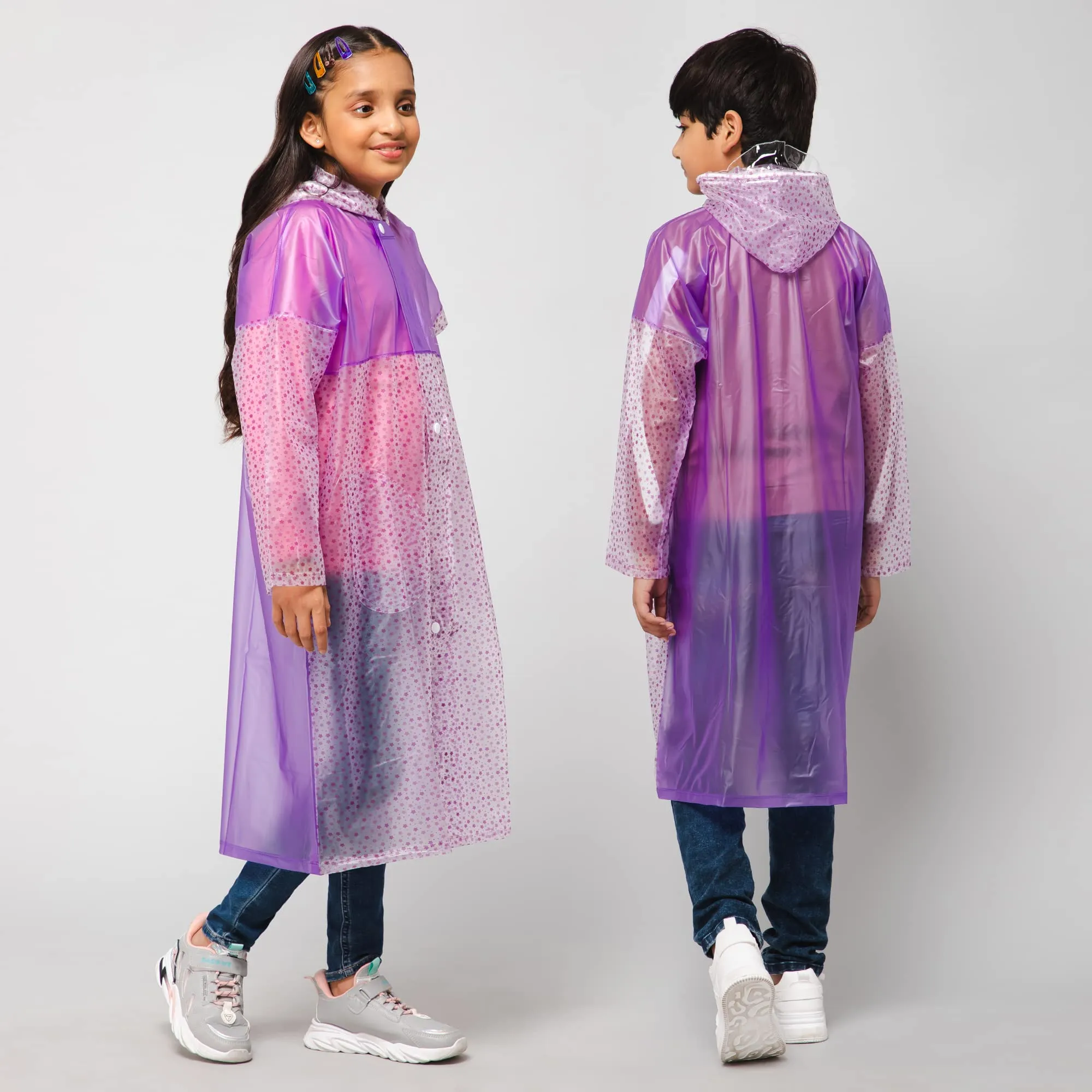 THE CLOWNFISH Misty Magic Series Unisex Kids Waterproof Single Layer PVC Longcoat/Raincoat with Adjustable Hood. Age-4-5 Years (Purple)