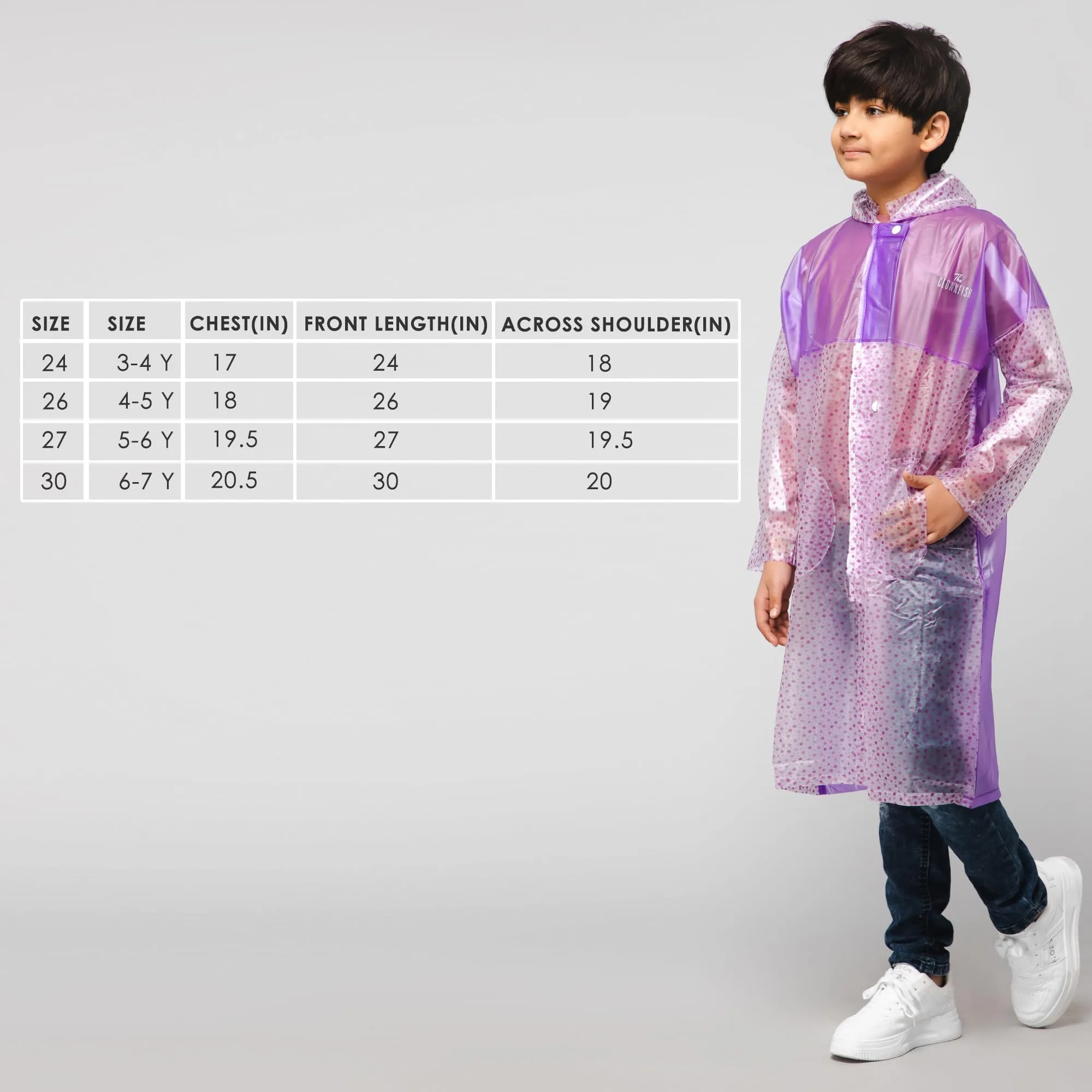 THE CLOWNFISH Misty Magic Series Unisex Kids Waterproof Single Layer PVC Longcoat/Raincoat with Adjustable Hood. Age-4-5 Years (Purple)